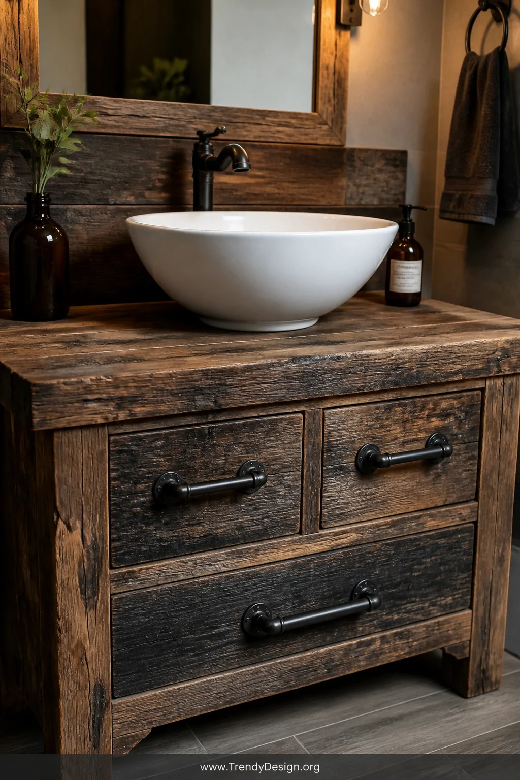 Medium shot of a weathered reclaimed barn wood vanity base with a white porcelain vessel sink on top, visibly distressed wood