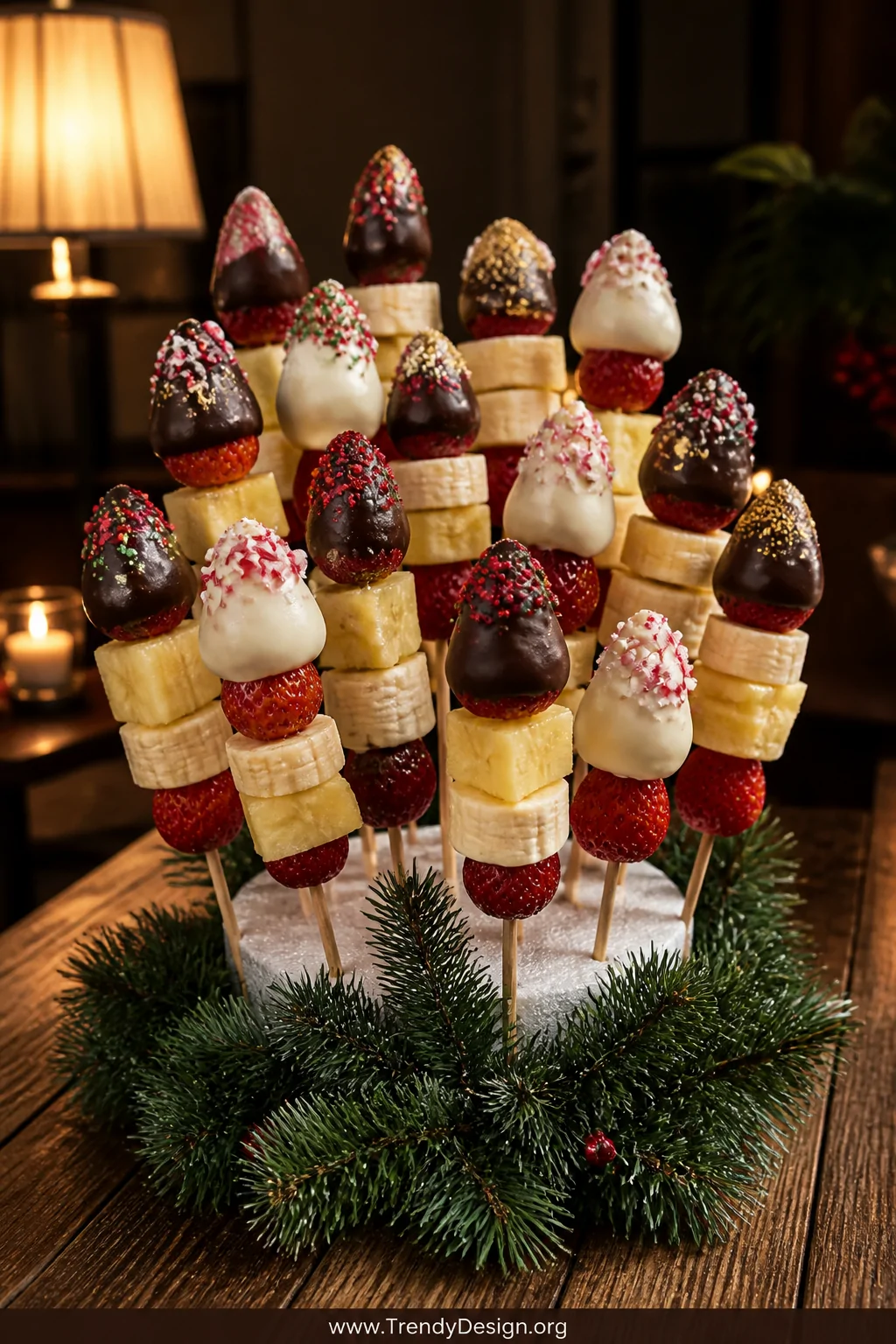 A medium detail shot of chocolate-dipped fruit skewers displayed upright in a foam block wrapped in dark green holiday garlan