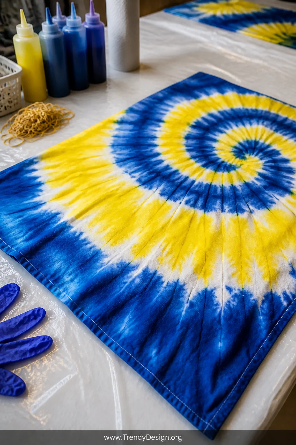 Close-up detail shot of a freshly dyed white cotton pillowcase laid flat and unfolded to reveal a vivid two-color tie dye spi