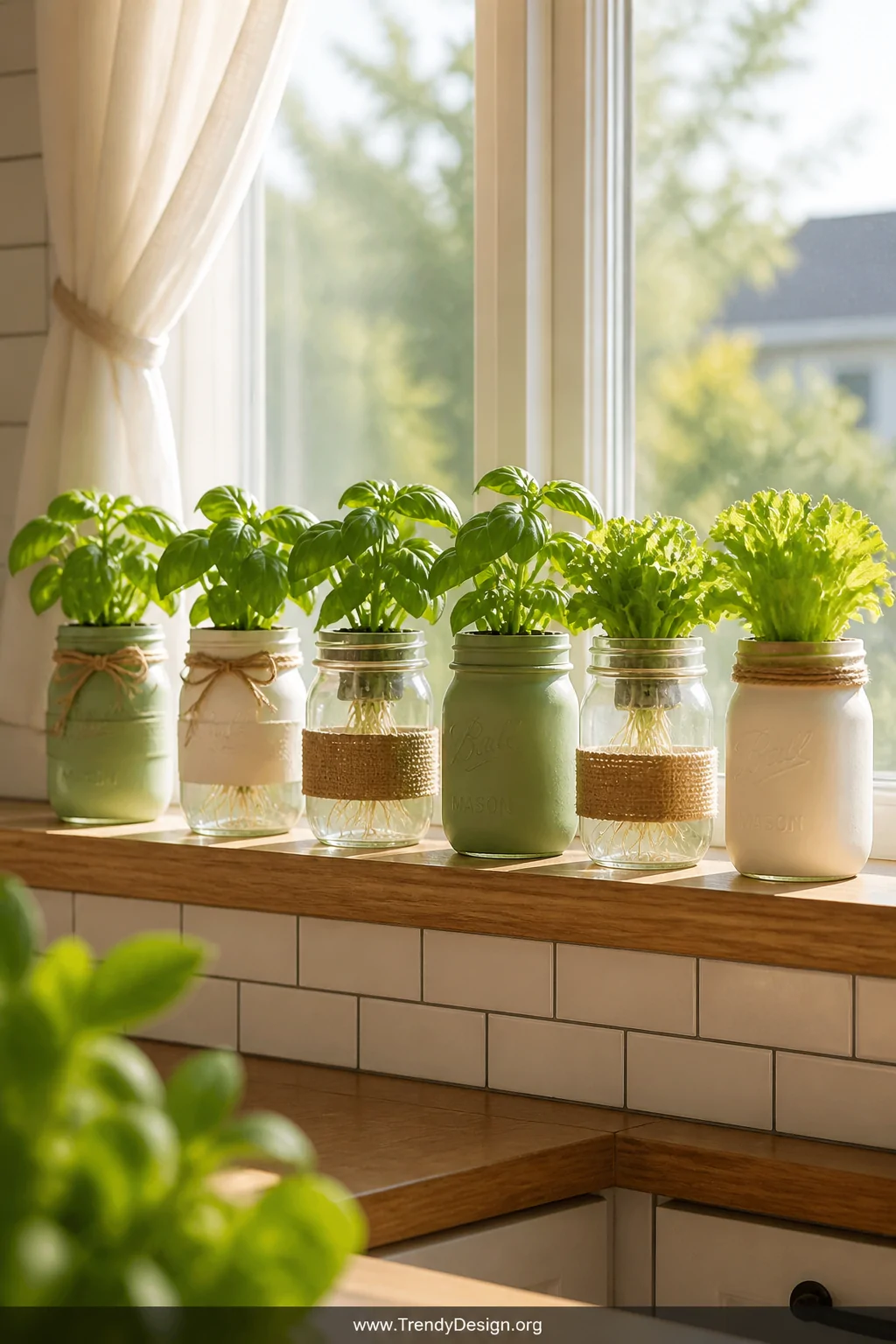 A sun-drenched kitchen windowsill lined with six wide-mouth mason jars filled with clear nutrient solution and bright green b