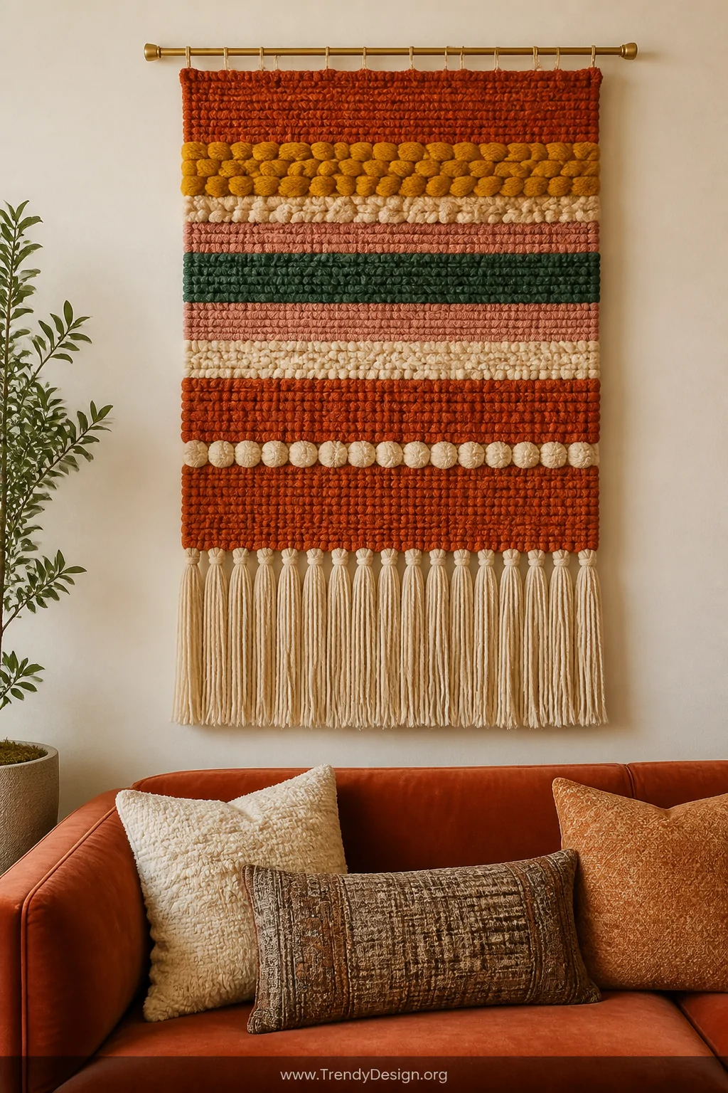 Medium shot of a handwoven wall tapestry hanging on a polished brass rod against a warm off-white wall, featuring bold satura