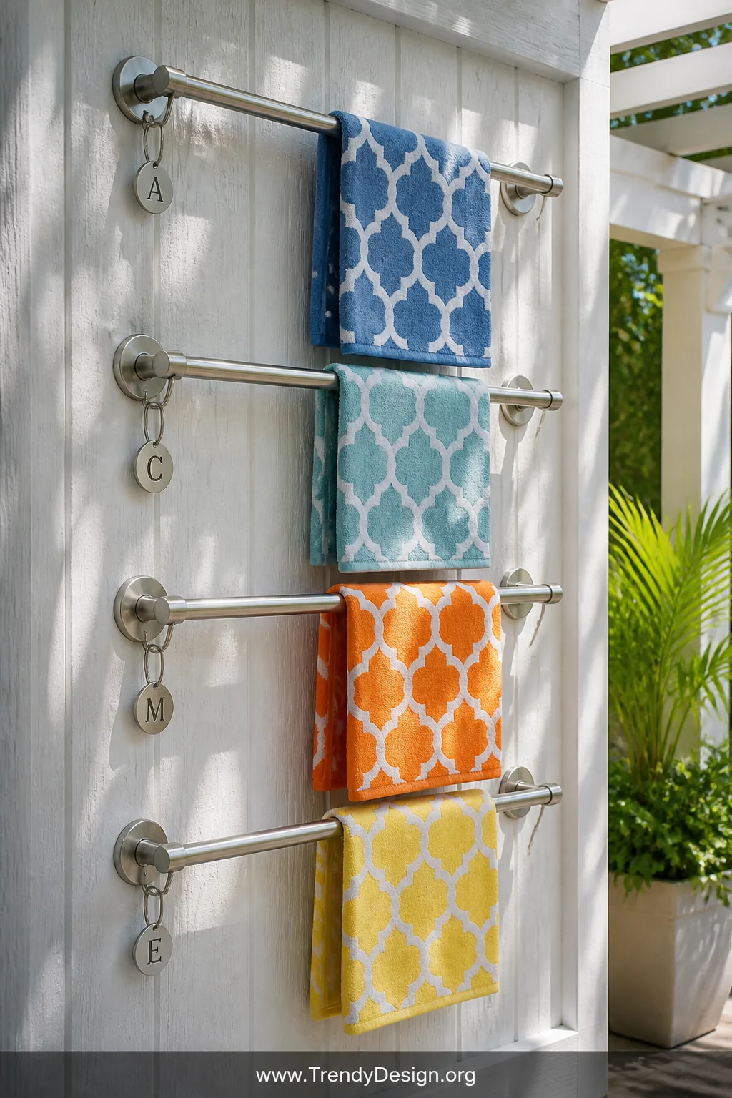Detail shot of a multi-bar stainless steel wall-mounted towel bar system installed on a whitewashed pergola wall, with four r