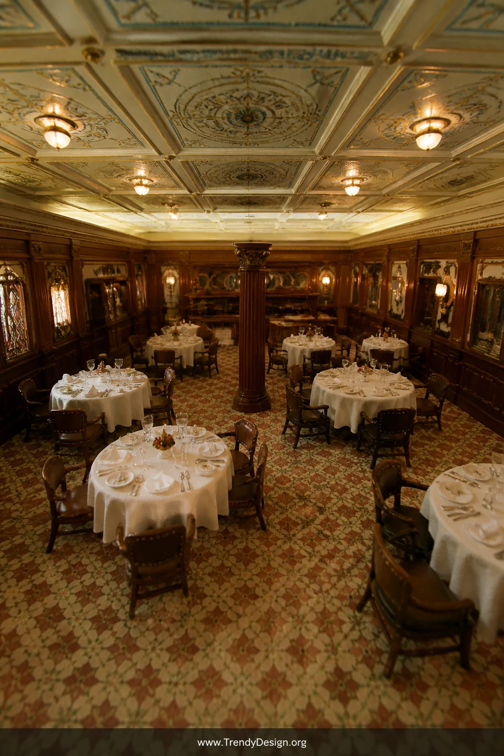 A medium overhead shot of a first-class dining saloon miniature diorama featuring round tables draped in white felt tableclot