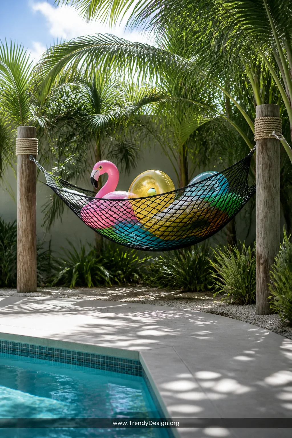 A wide outdoor shot of a pool corner where a heavy-duty cargo net hammock storage solution is suspended between two weathered