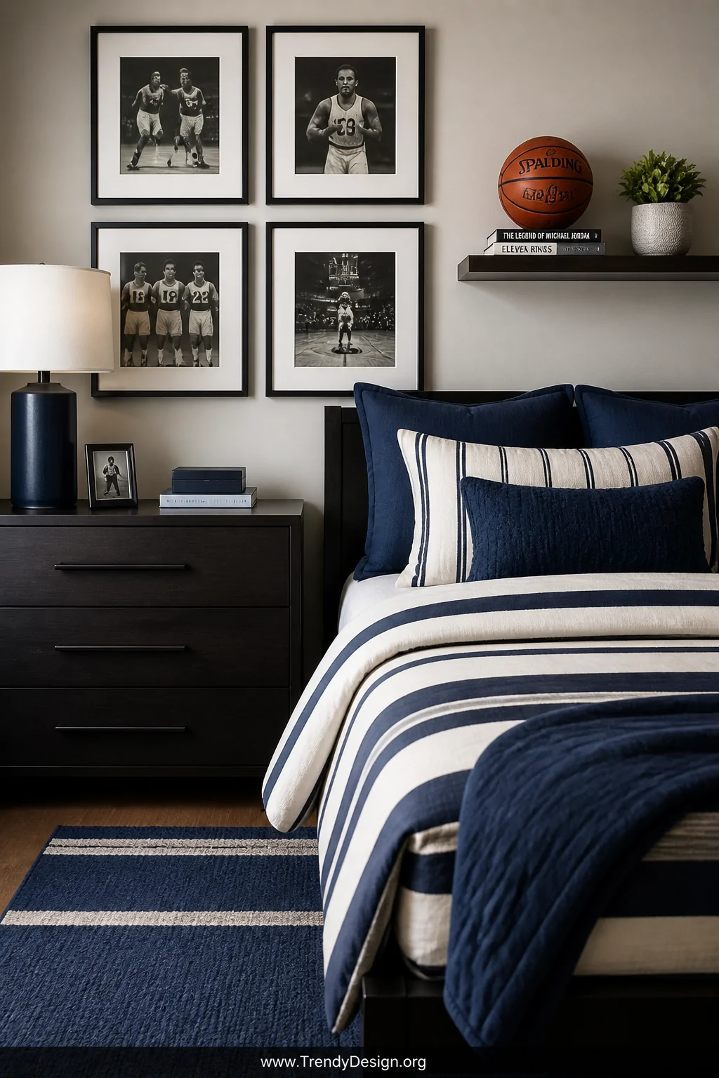 Medium shot of a sophisticated sports-themed boys bedroom featuring a styled shelf displaying a single basketball beside a sm
