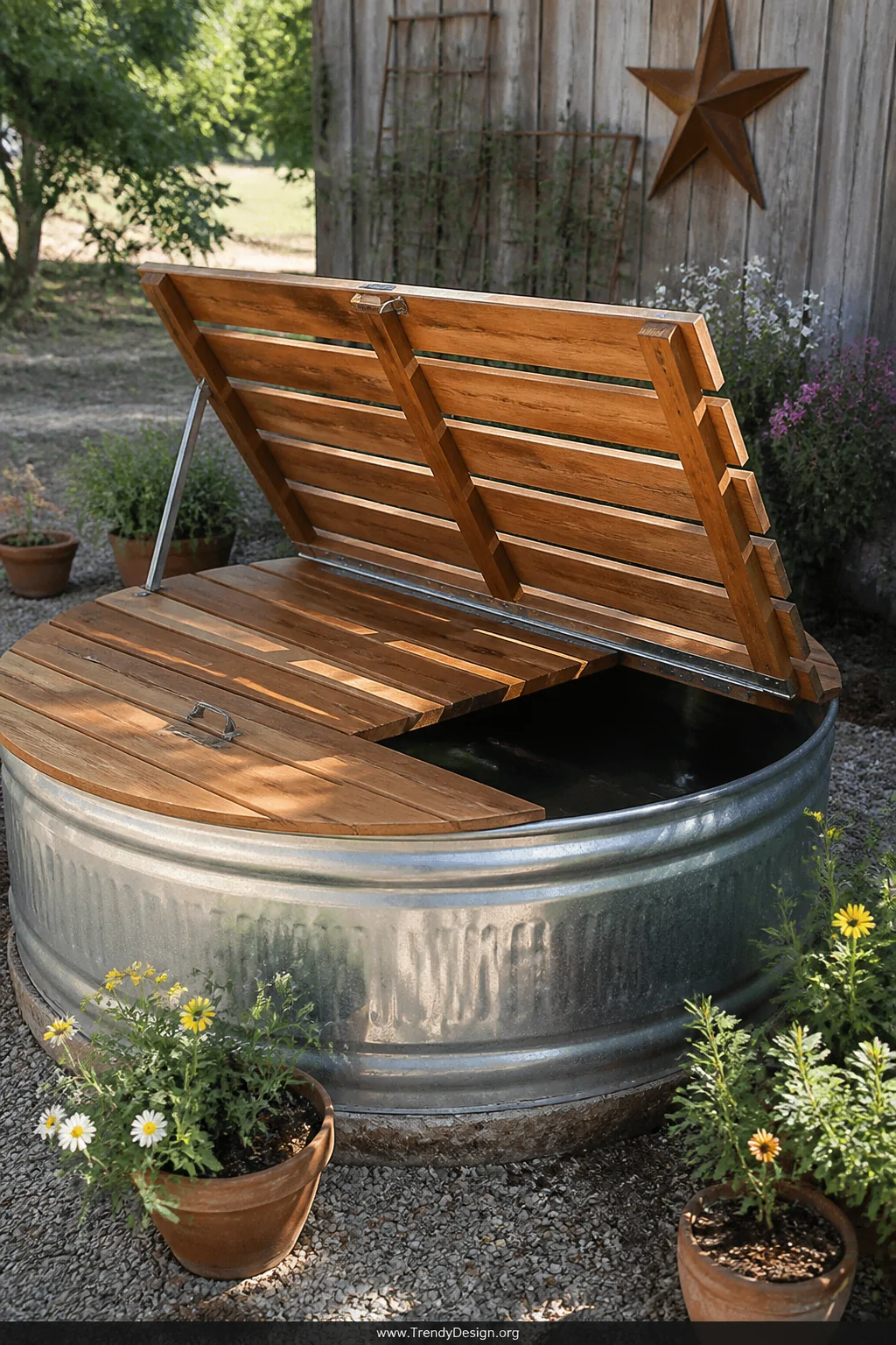 Medium outdoor shot of a repurposed wooden pallet cover laid across a galvanized stock tank, sanded smooth and stained in a w