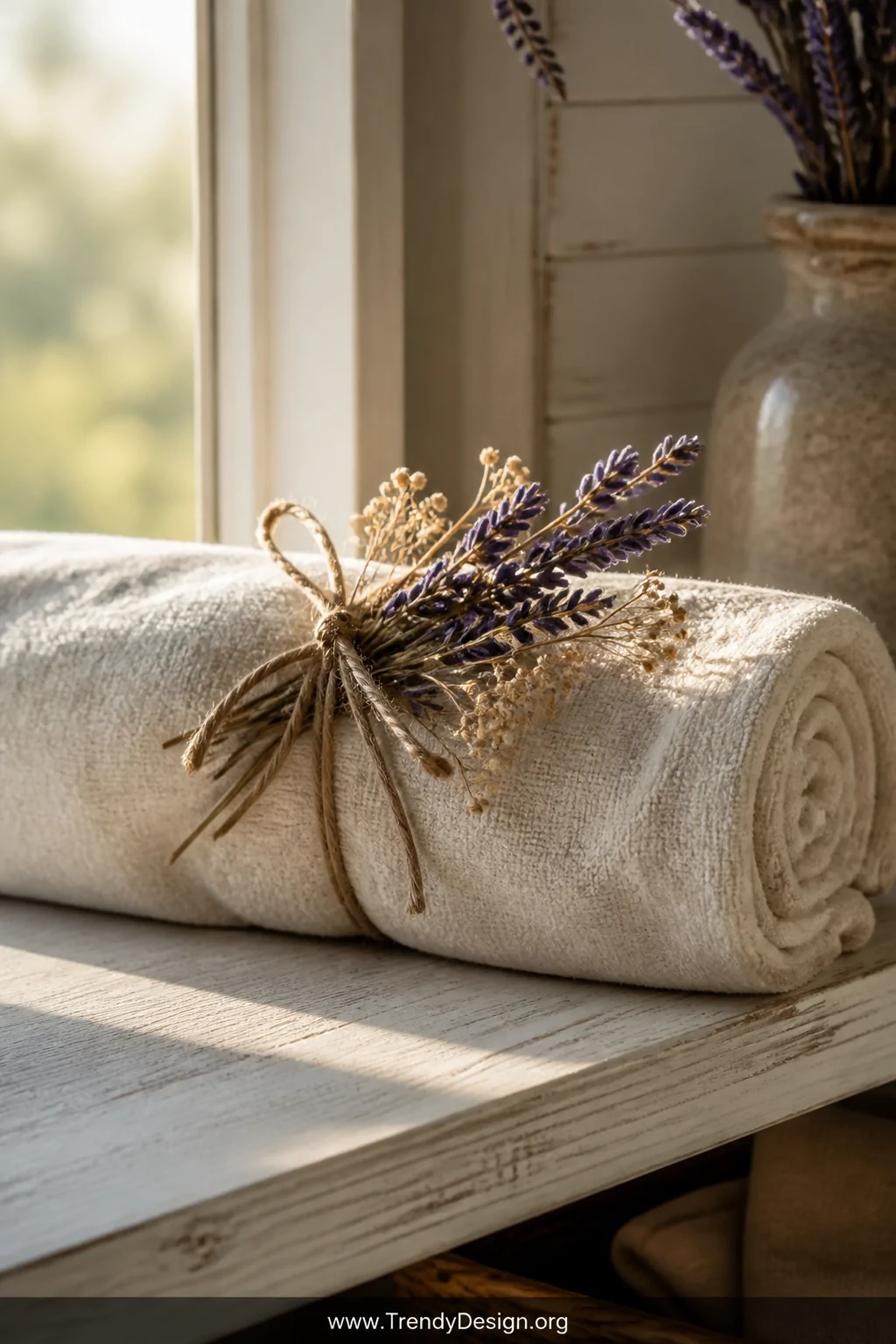 A closeup detail shot of a softly rolled towel wrapped in natural kitchen twine with a delicate sprig of dried lavender and b
