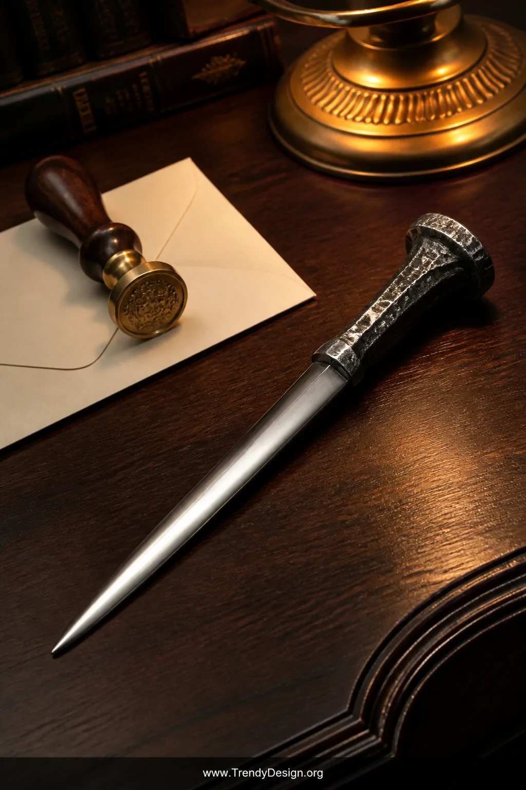 Close-up detail shot of an elegant hand-forged railroad spike letter opener lying diagonally across an antique dark mahogany 
