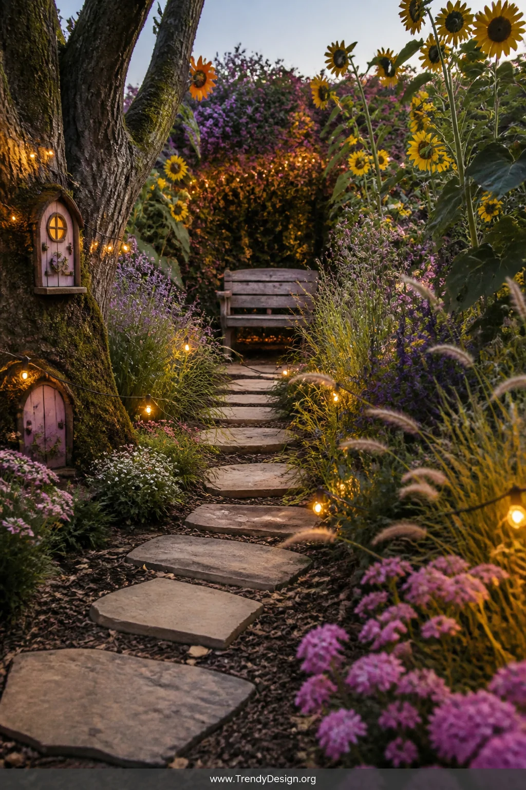 Wide photorealistic shot of a secret garden play path winding through tall golden sunflowers, feathery ornamental grasses, an
