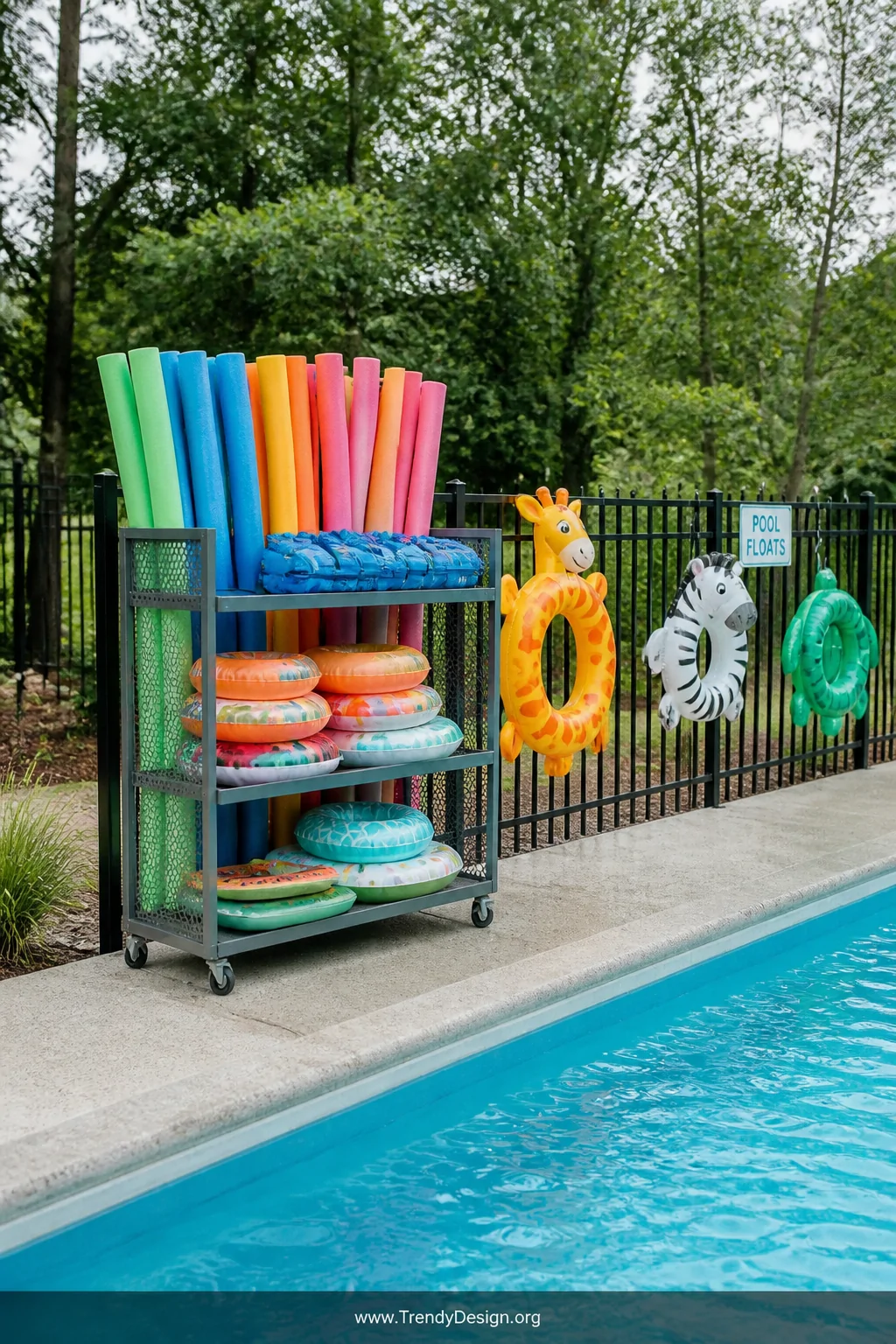 Wide shot of a wheeled metal cart loaded with neatly stored pool noodles and small inflatables positioned at the edge of a br