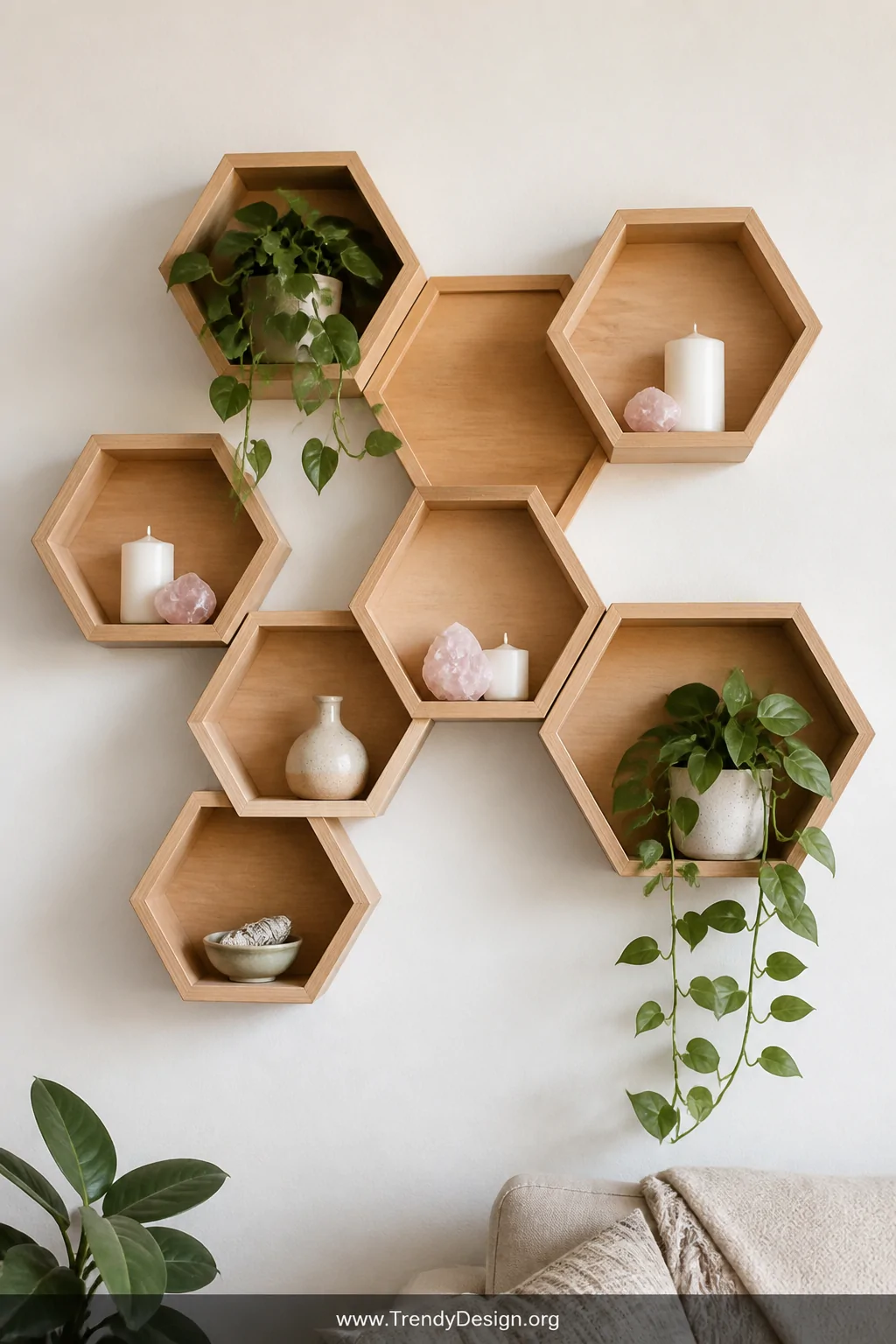 A medium shot of an asymmetrical cluster of seven natural-stained plywood hexagonal shelves mounted on a warm white wall, sty