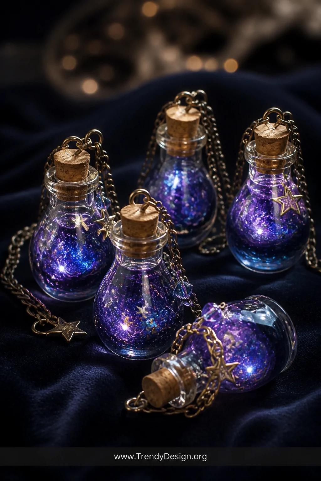 A medium detail shot of a cluster of tiny glass bottle charms arranged on a dark velvet surface, each filled with swirling ir