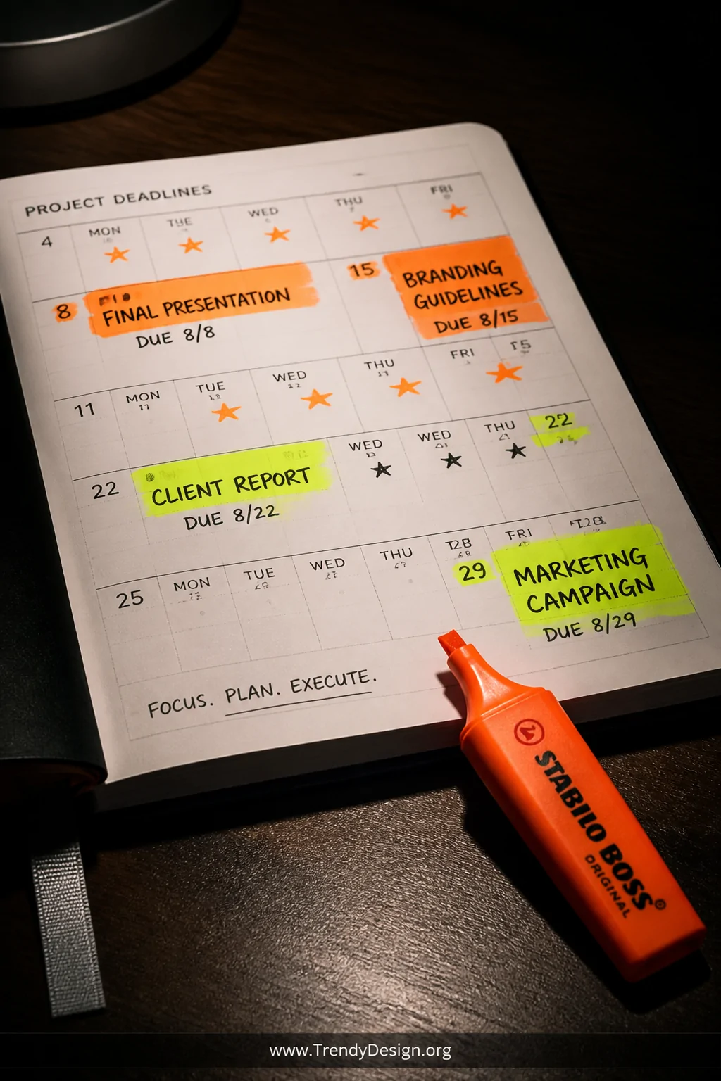 A dramatic close-up detail shot of a planner page corner on a dark walnut desk, where neon yellow and electric orange highlig
