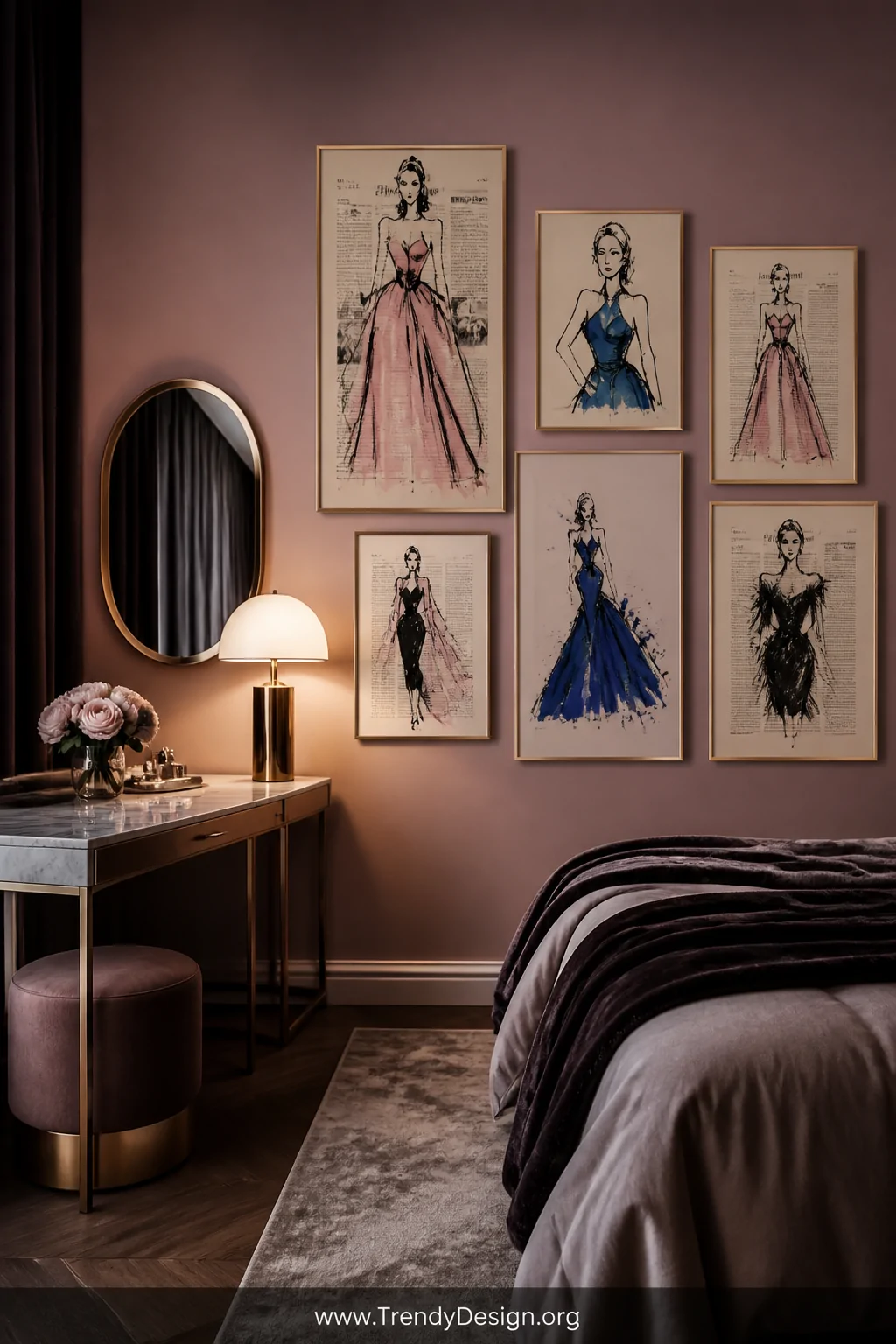 A wide shot of a glamorous bedroom corner featuring a dramatic cluster of six framed fashion illustration figures in loose ge