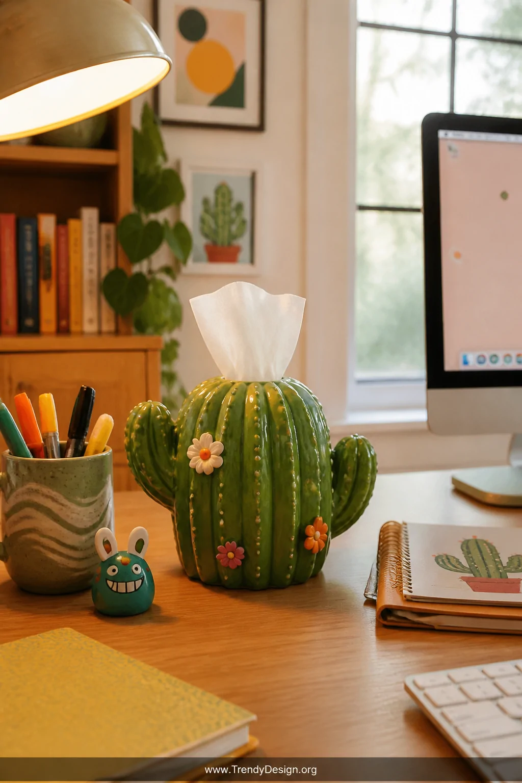 A medium wide shot of a cheerful, personality-filled home office desk featuring a hand-painted ceramic cactus-shaped novelty 