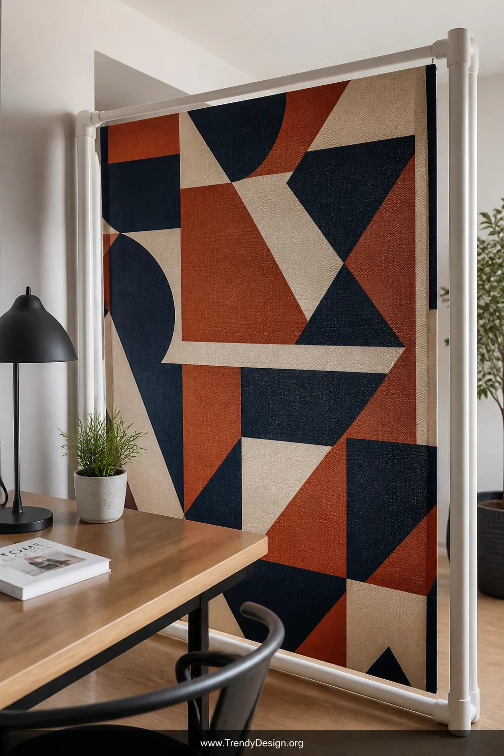Medium closeup shot of a bold geometric-printed fabric panel partition stretched tightly across a clean PVC pipe frame beside