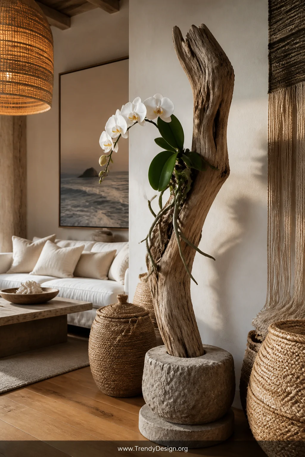 A wide boho-coastal styled room shot featuring an irregular driftwood branch secured upright in a heavy decorative stone base