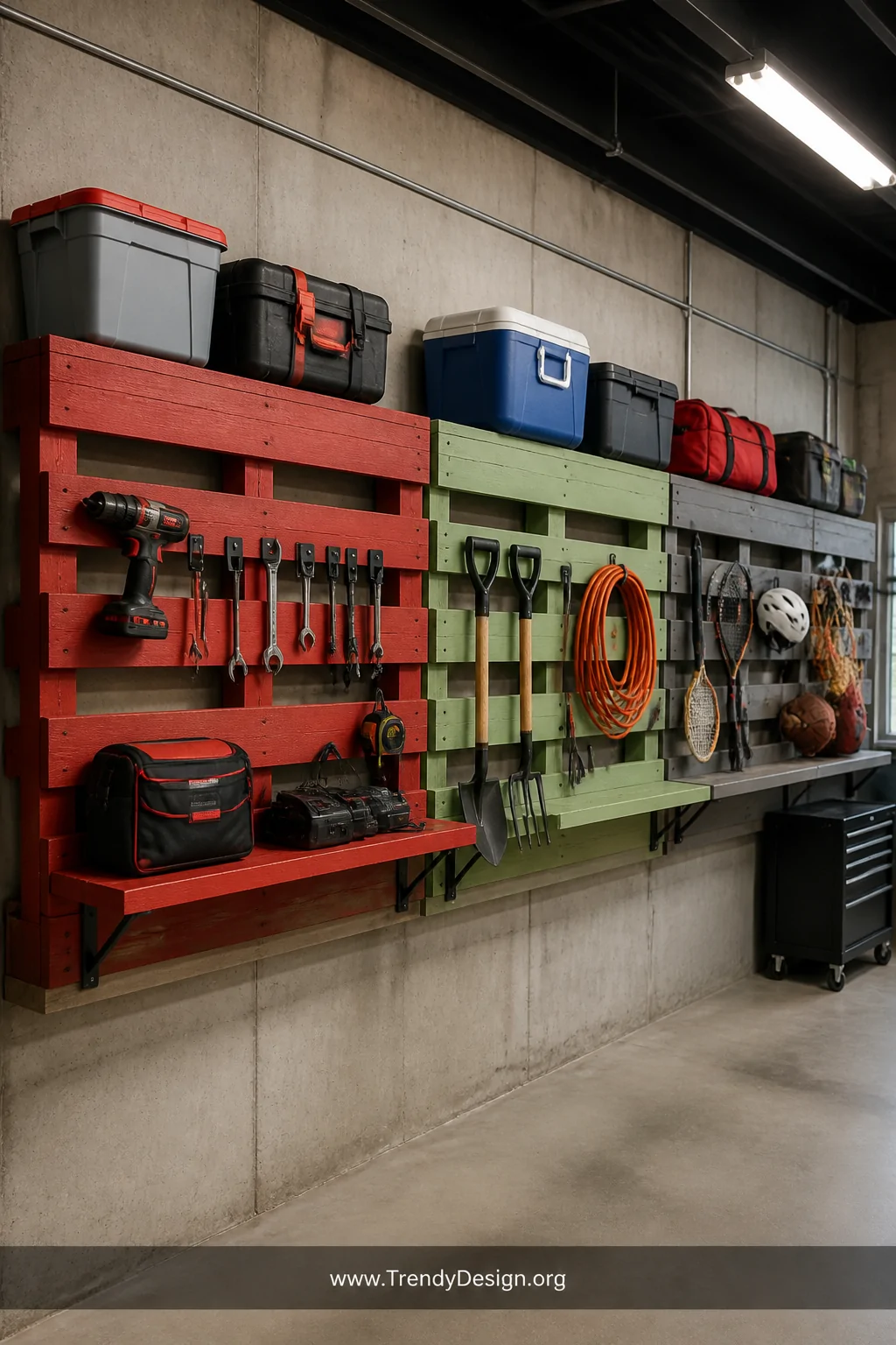 Wide shot of an organized garage interior with a long horizontal row of rugged natural-wood pallets mounted at chest height a
