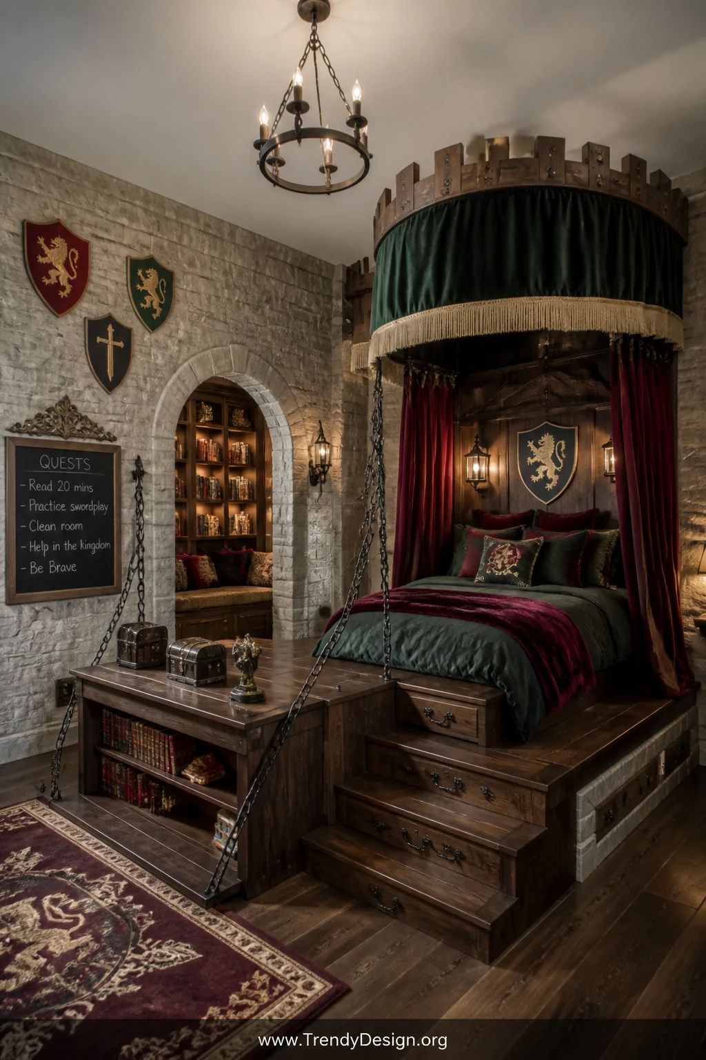 Wide-angle photorealistic shot of a medieval castle-themed boy's bedroom with stone-look textured wallpaper wrapping the wall