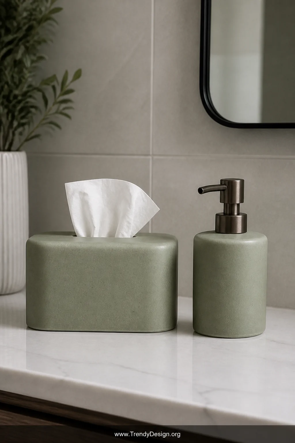 A closeup shot of a serene minimalist bathroom counter displaying a matte sage green ceramic tissue box cover alongside a mat