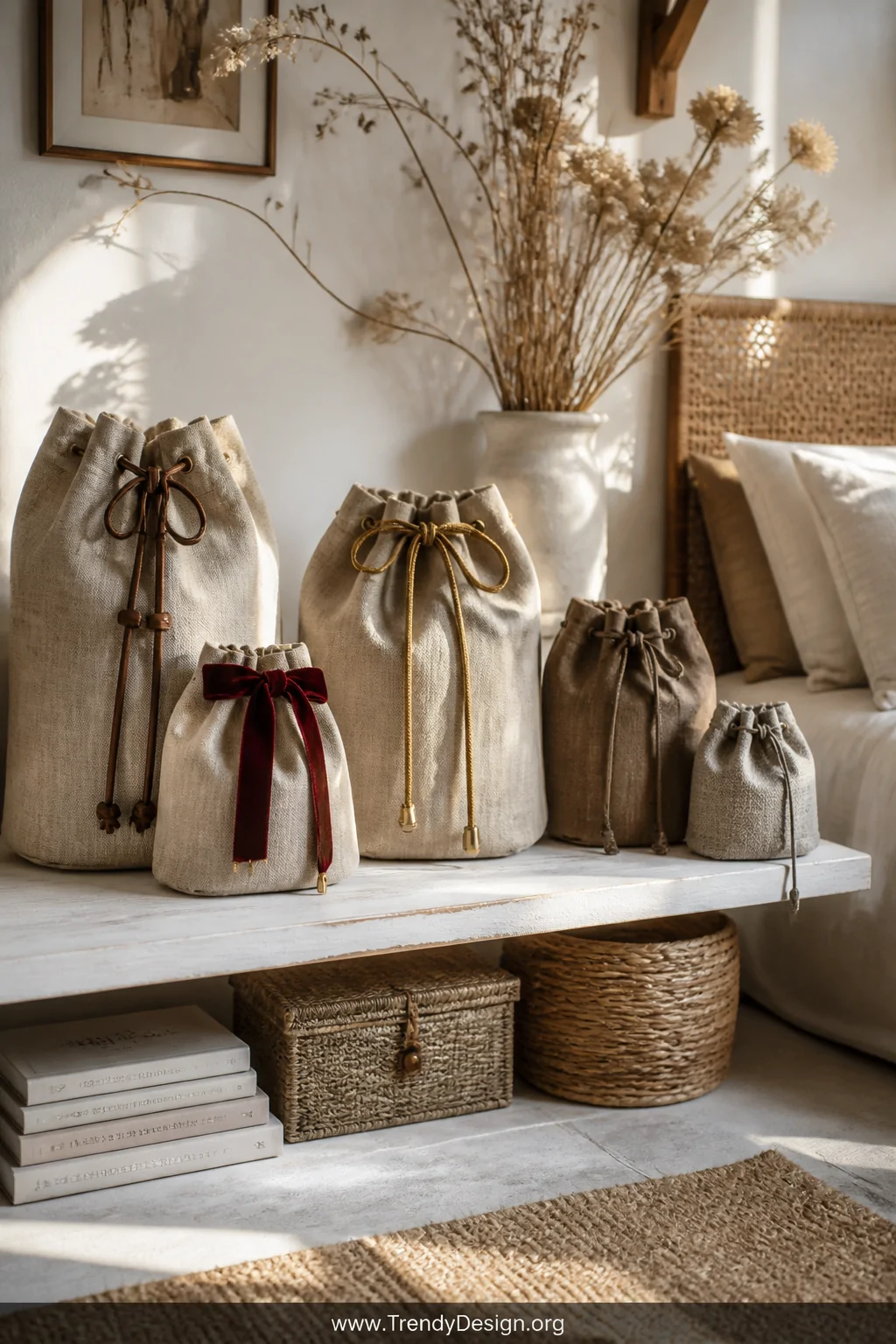 A wide styled shot of a sunlit natural linen and rattan-accented bedroom corner featuring a collection of fabric pouches and 