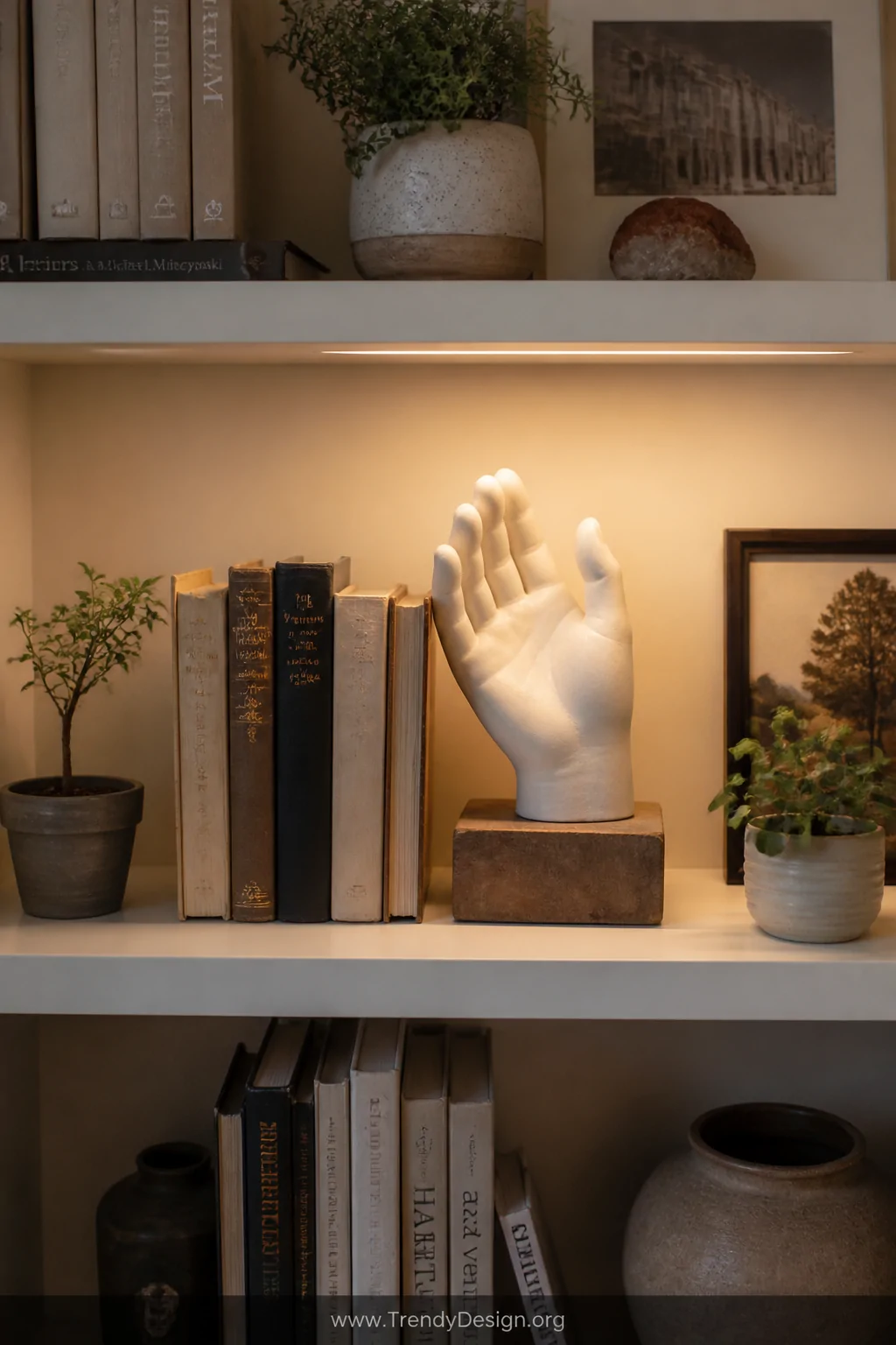 A medium styled bookshelf shot featuring a matte white wax hand propped against a curated stack of worn vintage books, the ha