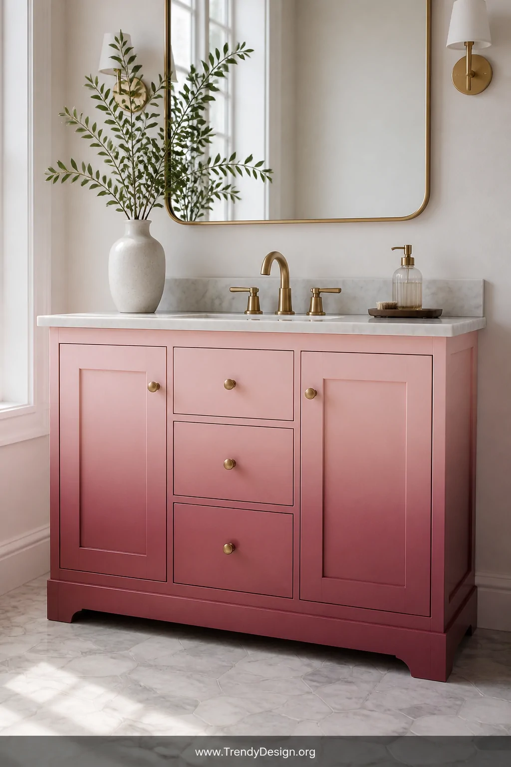 Medium shot of a freestanding bathroom vanity cabinet painted in a seamless ombre gradient blending pale blush pink at the to