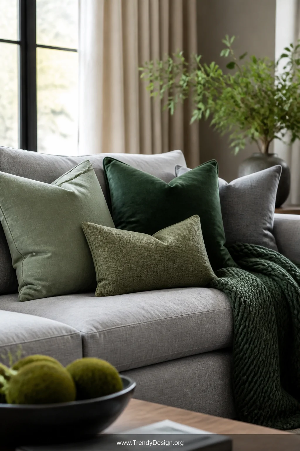 Medium close-up shot of a grey linen sofa styled with layered green throw pillows in dusty sage, rich hunter green, and olive