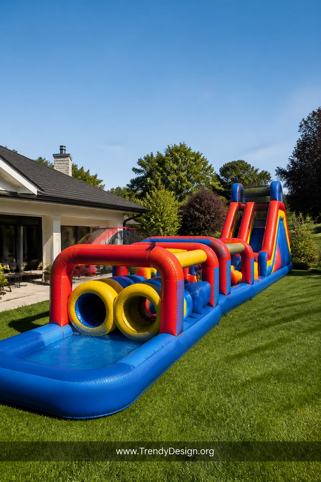 Medium-shot photorealistic backyard scene featuring a large colorful inflatable obstacle course on a gently sloping green law