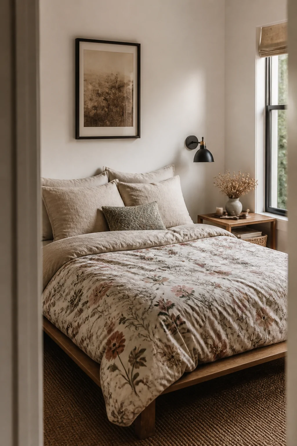 A medium shot of a small cozy bedroom with a streamlined modern low-profile bed frame dressed in a soft watercolor wildflower