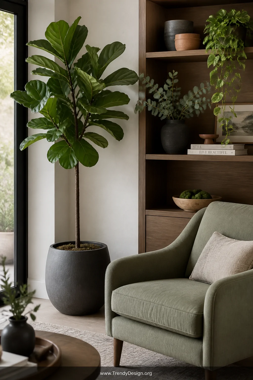 Medium shot of a styled living room corner with a large fiddle leaf fig in a dark grey ceramic pot beside a sage linen armcha