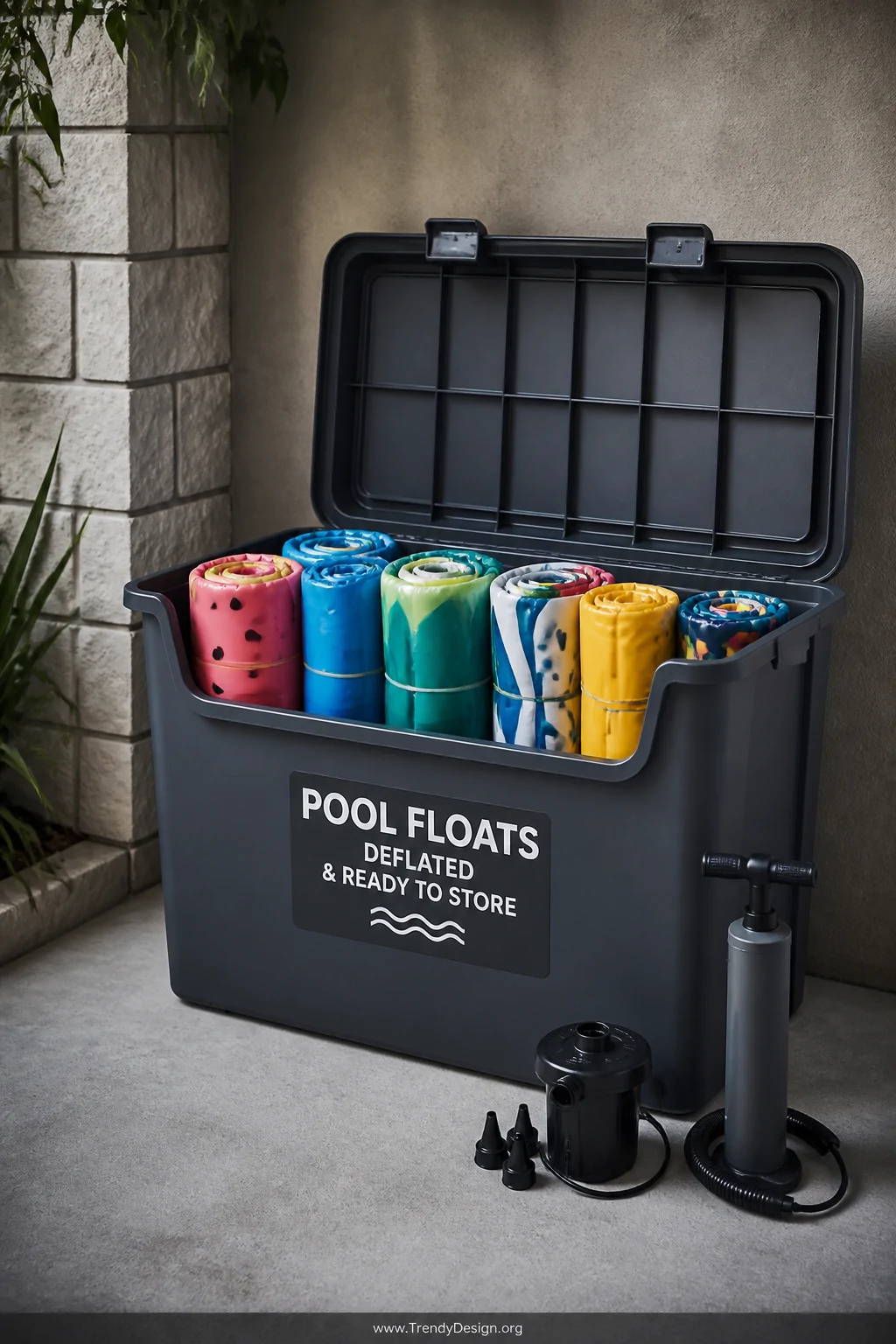 A medium shot of a large charcoal grey plastic storage tote with a secure lid open on a shaded patio corner, neatly filled wi
