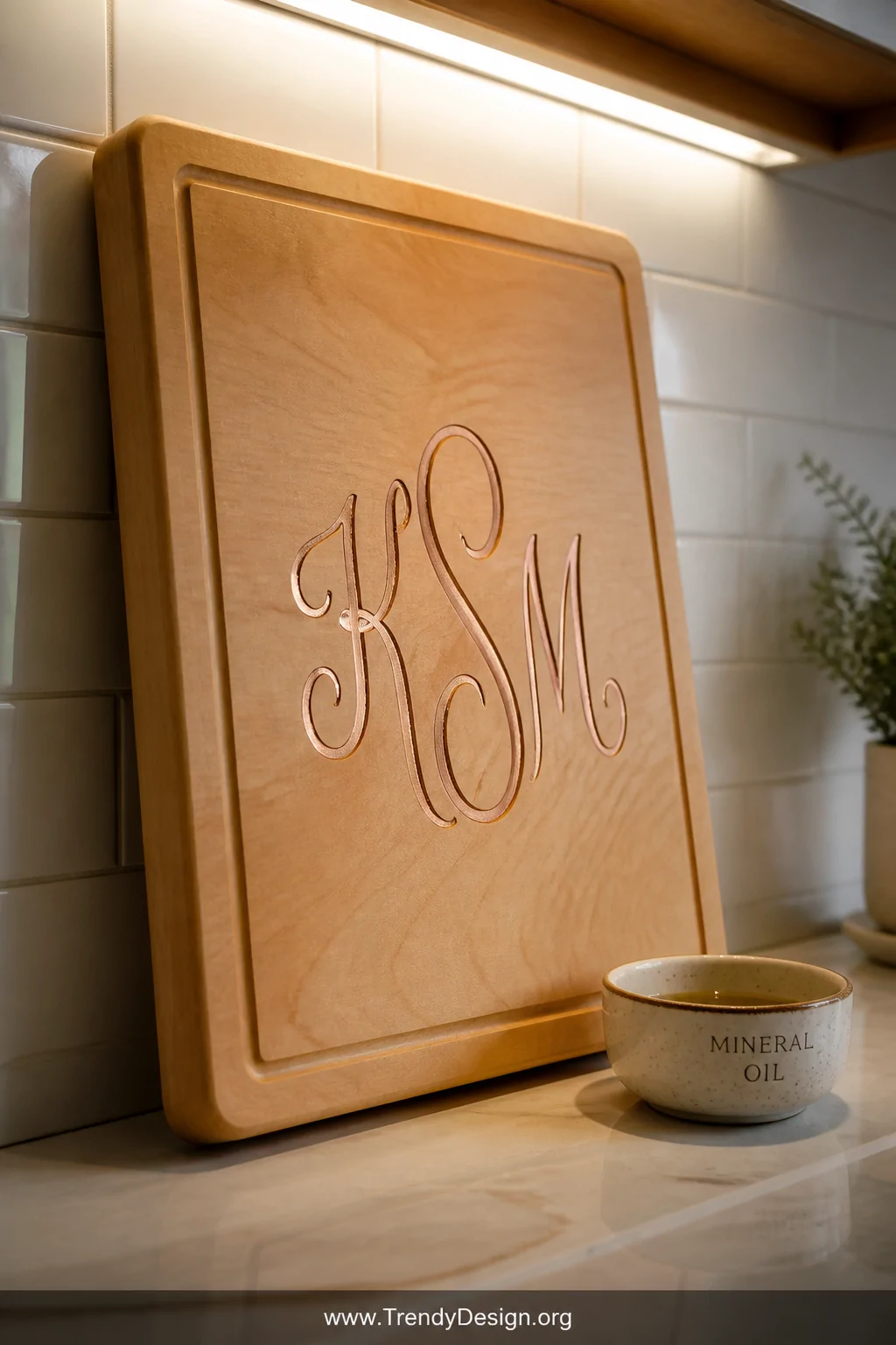 A close-up detail shot of a thick maple wood cutting board propped against a white subway tile kitchen backsplash, featuring 