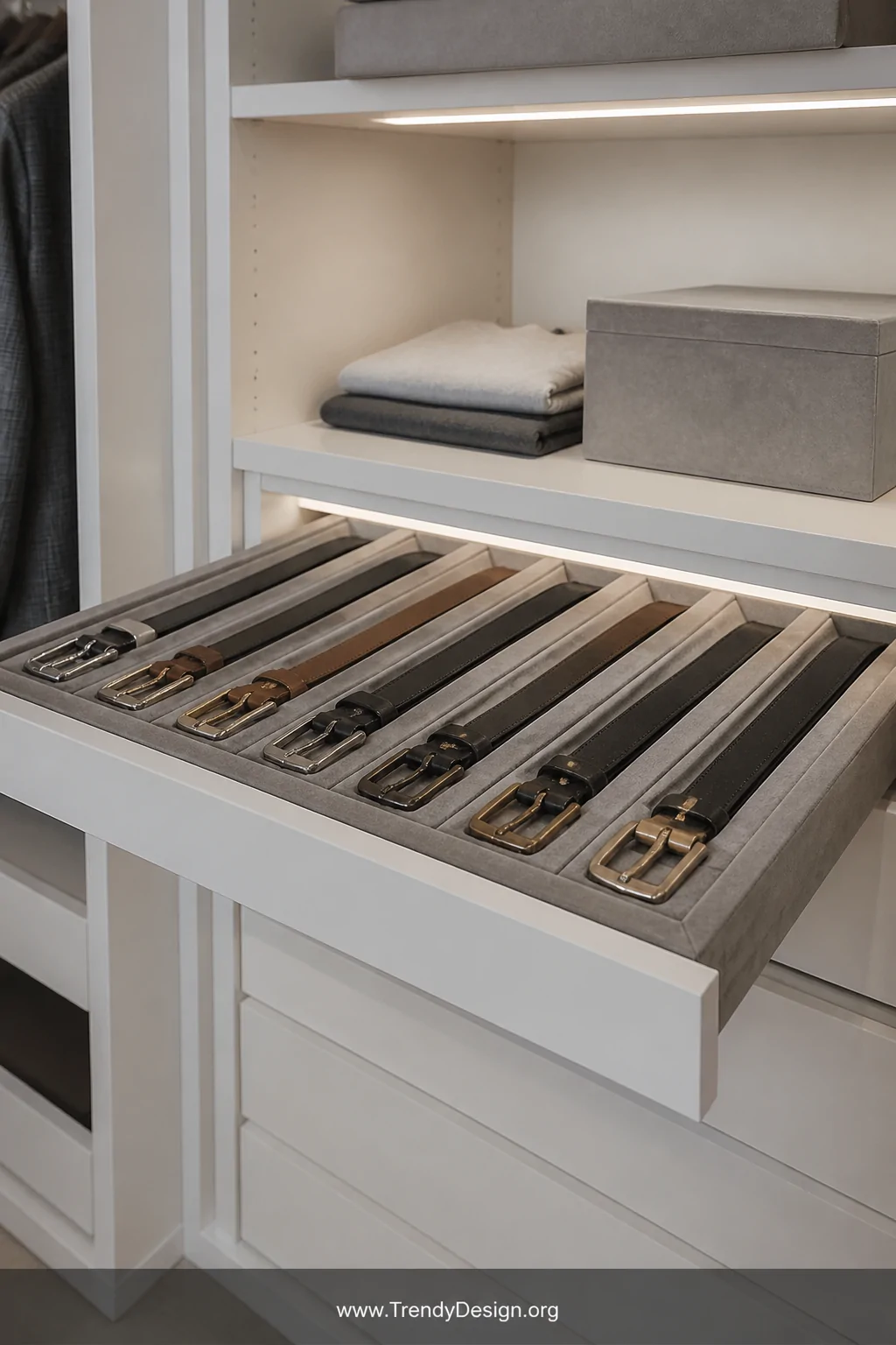 A medium shot of a smooth pull-out belt tray gliding out from a built-in white wardrobe unit, the tray lined with dove gray f
