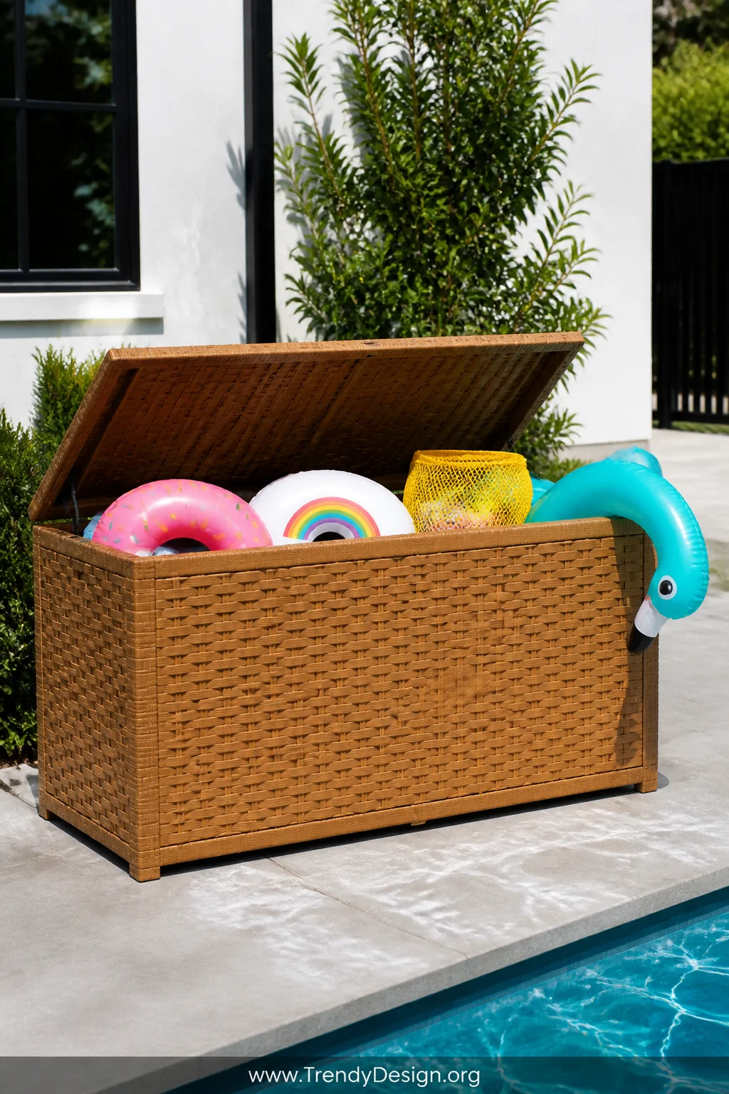 Medium shot of a rattan-style resin deck box in warm honey tone positioned on a light grey concrete pool deck, lid slightly o