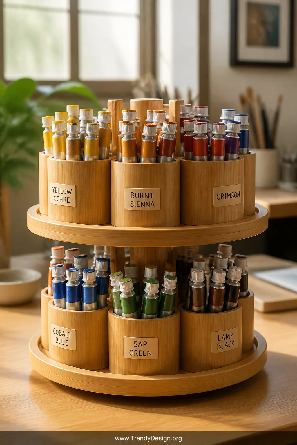 Medium shot of a two-tiered rotating lazy Susan organizer sitting on a light oak wooden desk, each tier fitted with warm bamb