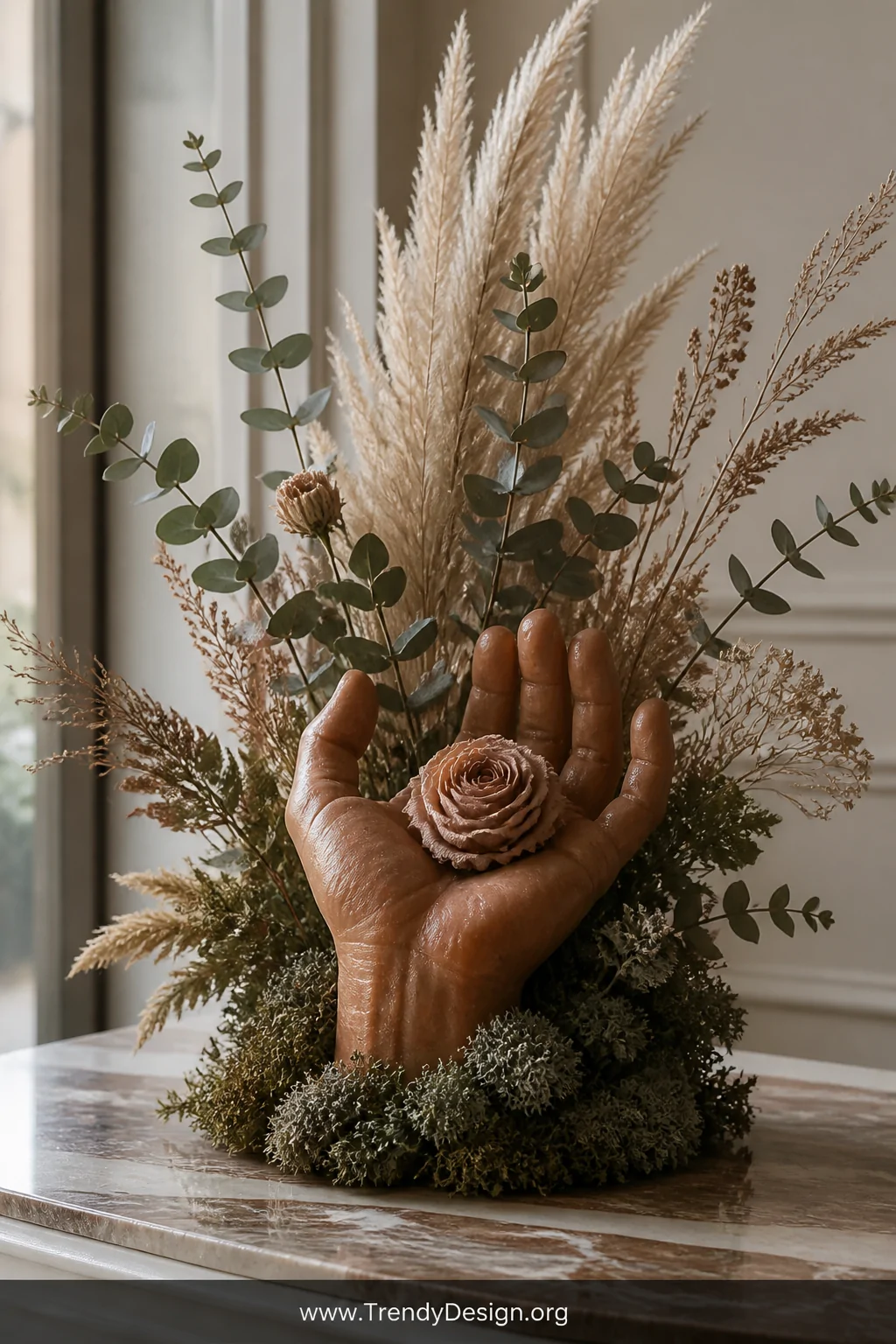 A medium wide shot of a styled vignette featuring a warm earthy terracotta wax hand with cupped fingers cradling a small drie