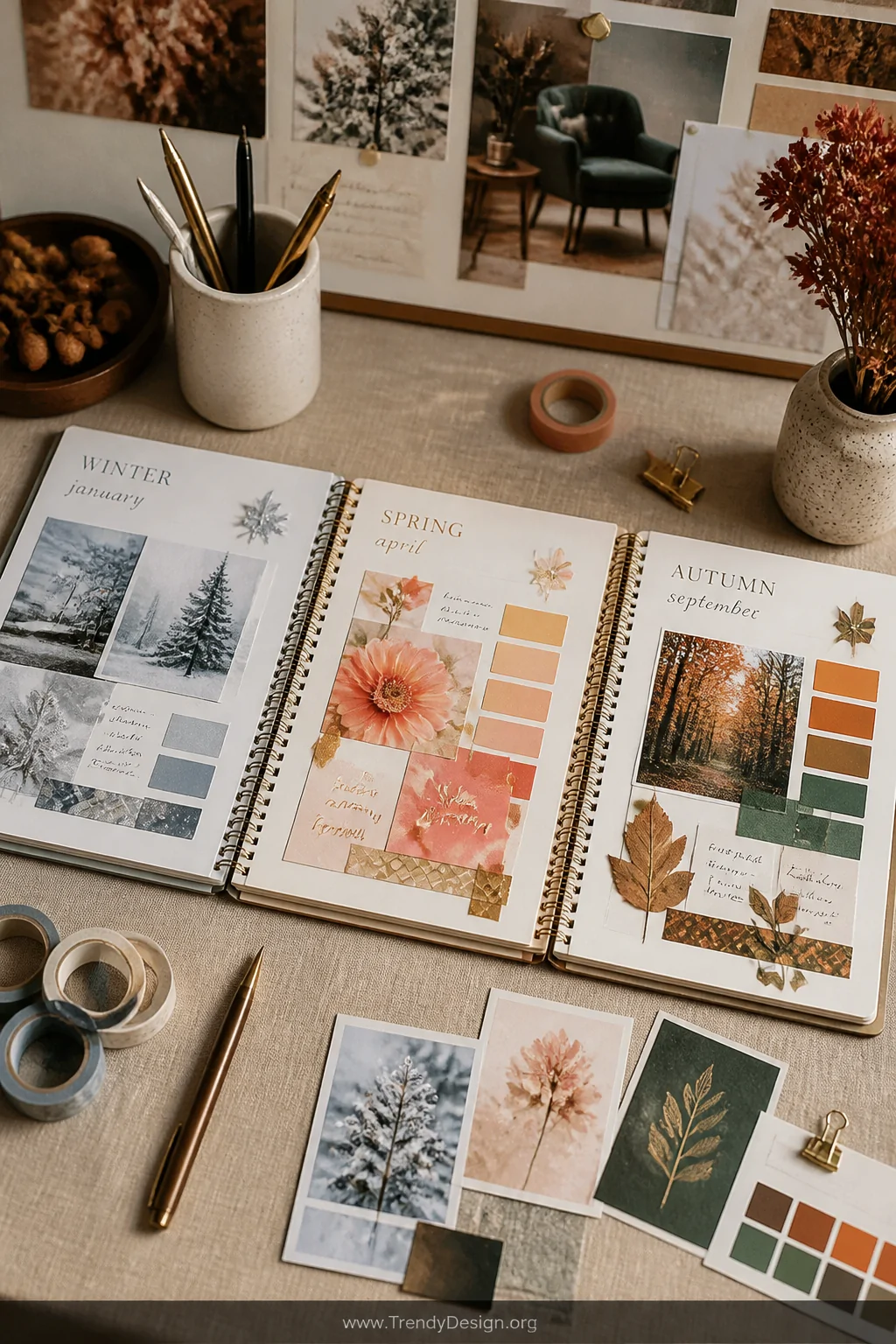 A wide styled desk scene showing three open planners side by side representing different seasons, the first featuring cool ic