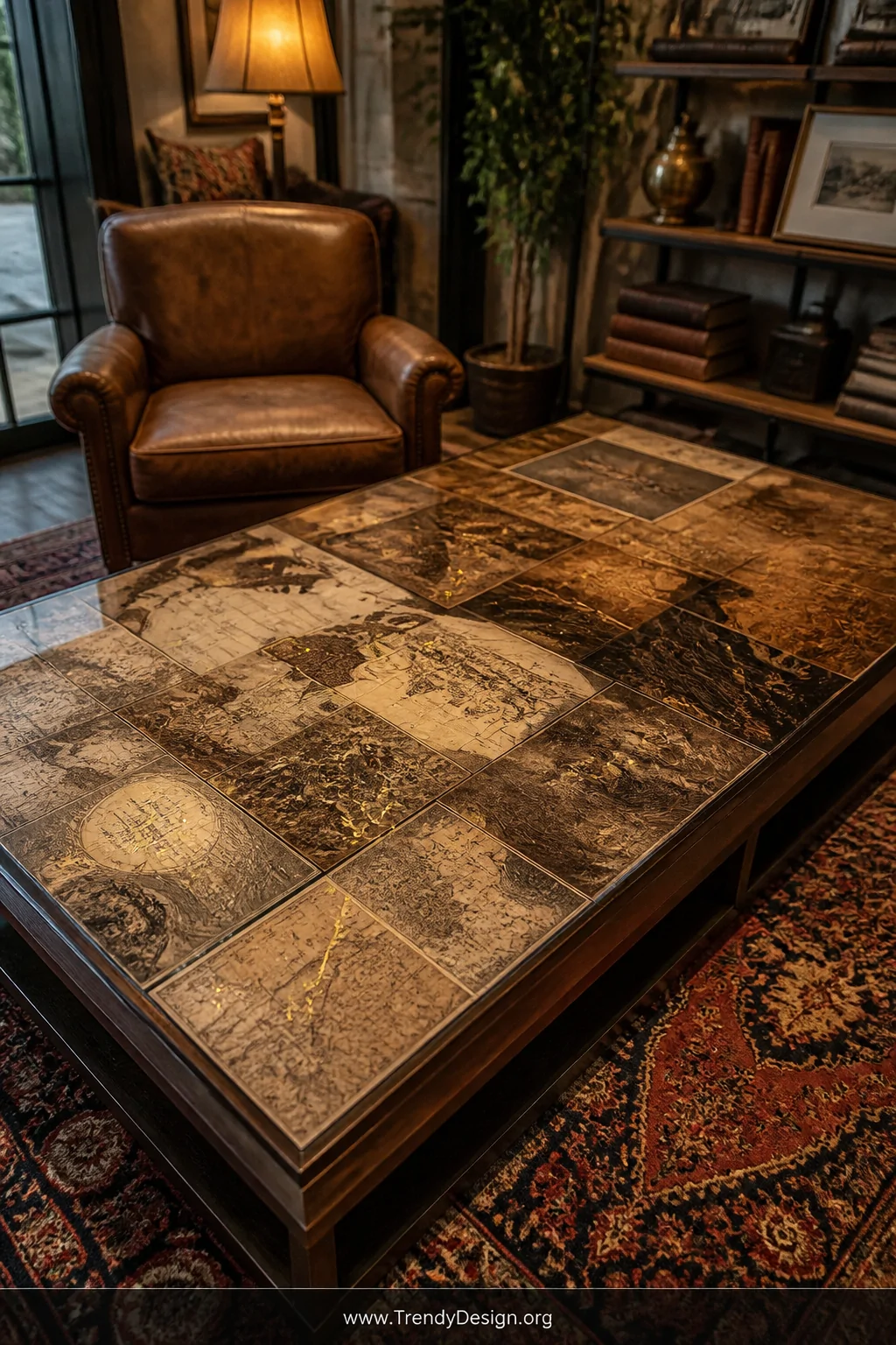 A wide living room shot of a rectangular wooden coffee table covered in overlapping sepia-toned vintage maps and topographica