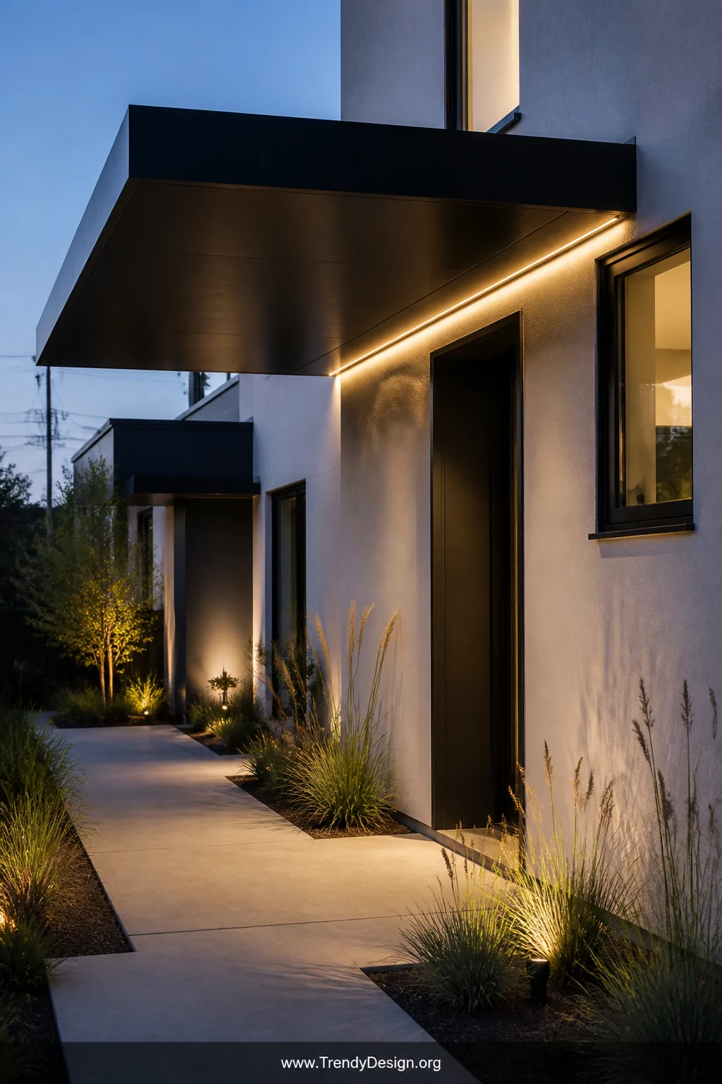 A medium shot of a sleek modern aluminum flat-roof walkway canopy in matte black powder-coated finish, low-profile and razor-
