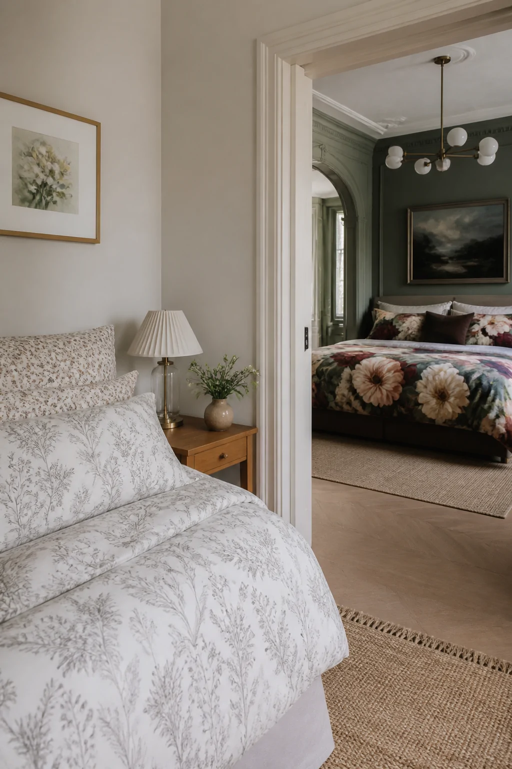 Medium shot comparing two styled beds side by side   a small cozy bedroom corner with delicate ditsy floral pillowcases and f