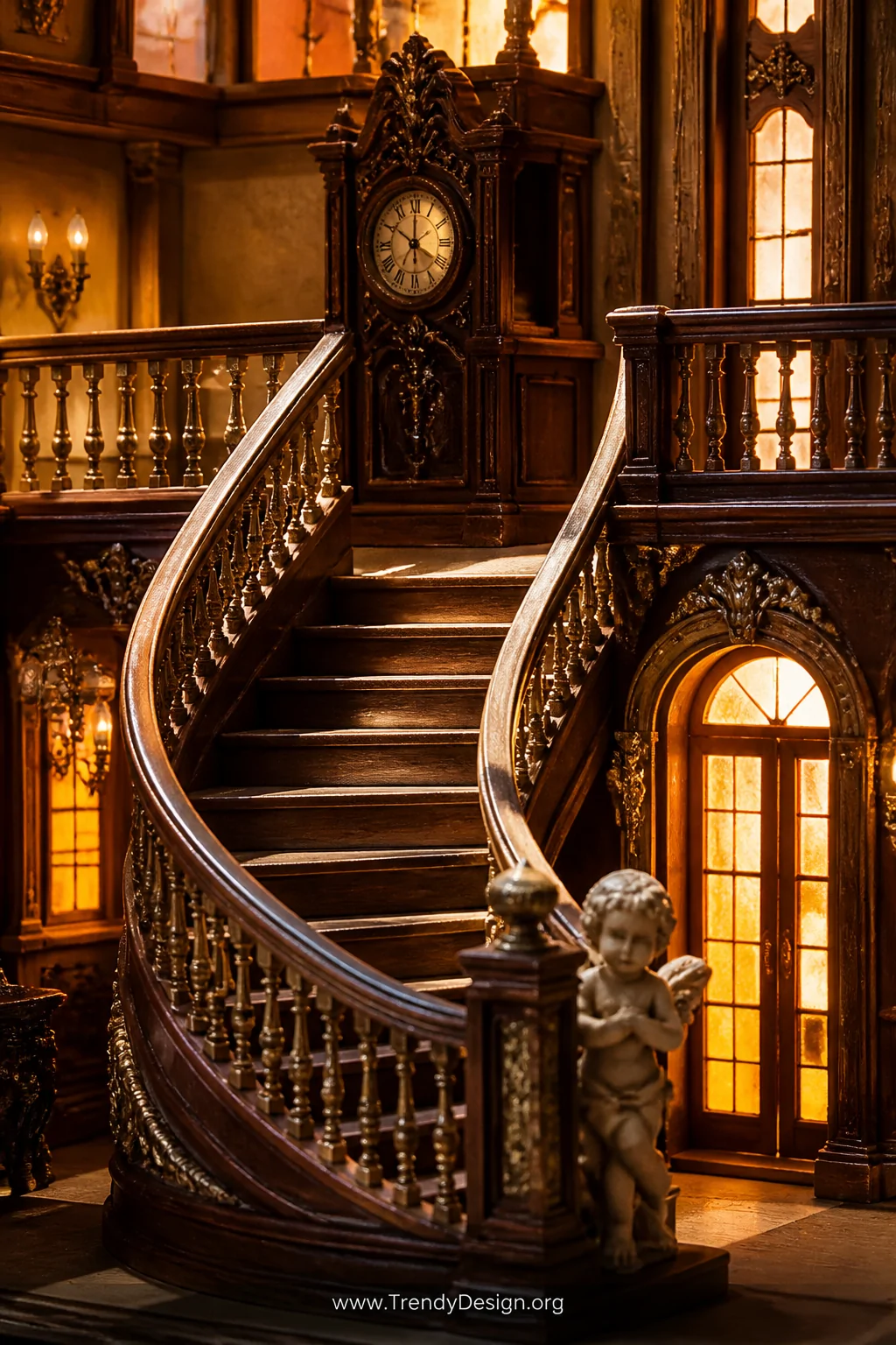 A close-up detail shot of a miniature Grand Staircase diorama centerpiece featuring sweeping oak-stained balsa wood banisters