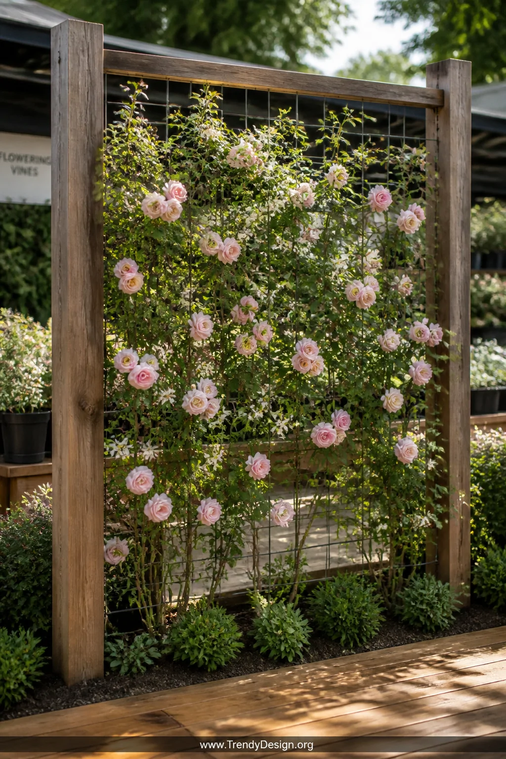 A wide shot of a freestanding garden trellis built from weathered cedar 4x4 posts anchored in rich soil, a taut galvanized ho