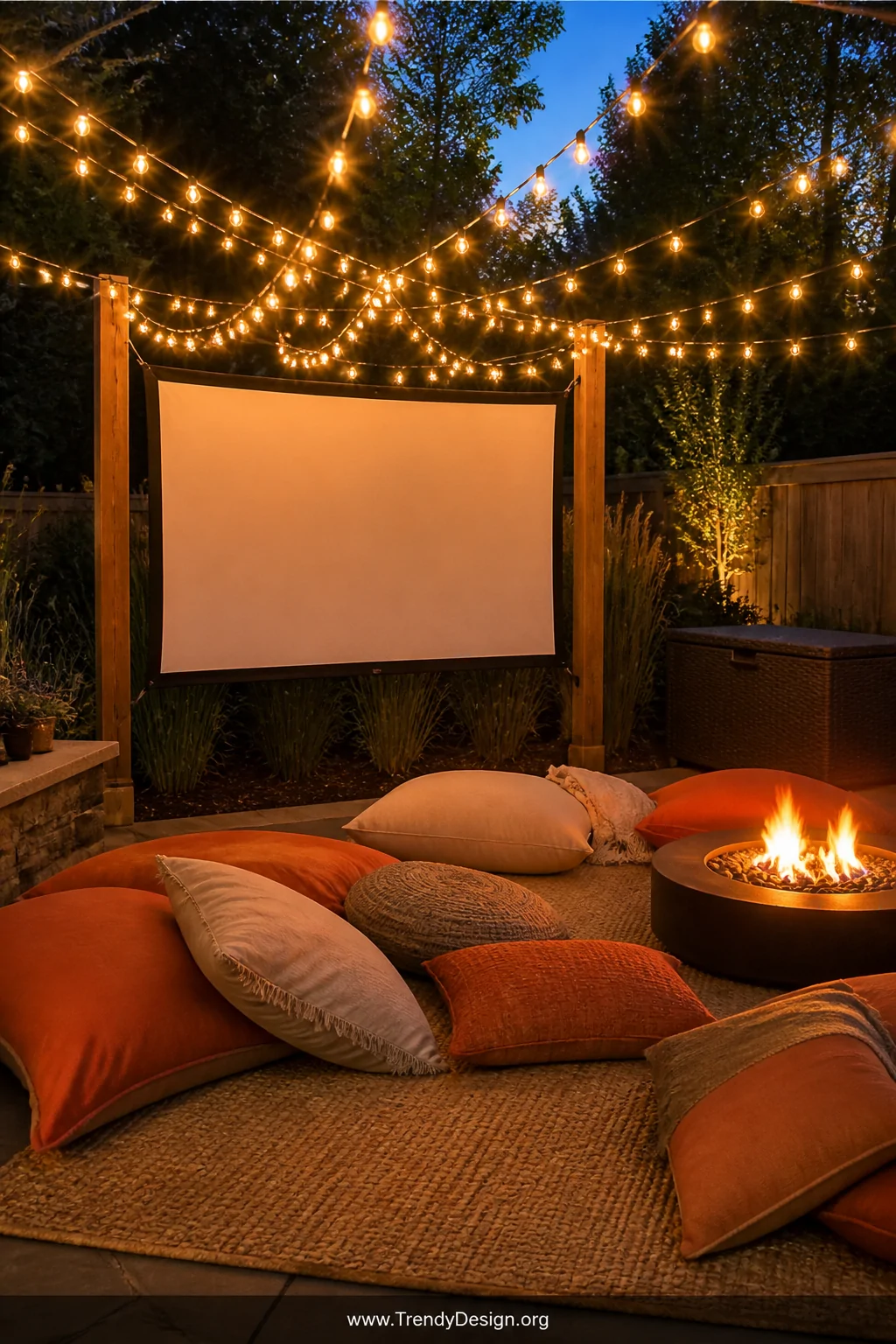 Wide photorealistic shot of a cozy outdoor chill corner at twilight featuring a simple white projector screen hung between tw