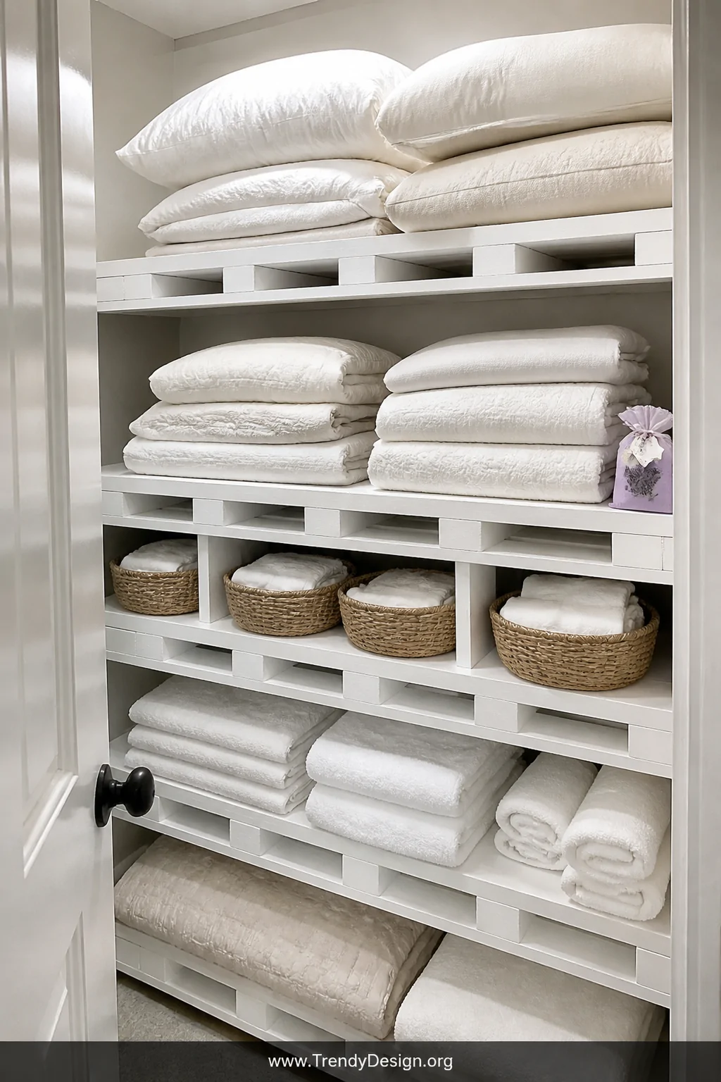 Close-up detail shot inside a pristine linen closet featuring white-painted pallet shelves cut to fit the full width of the s
