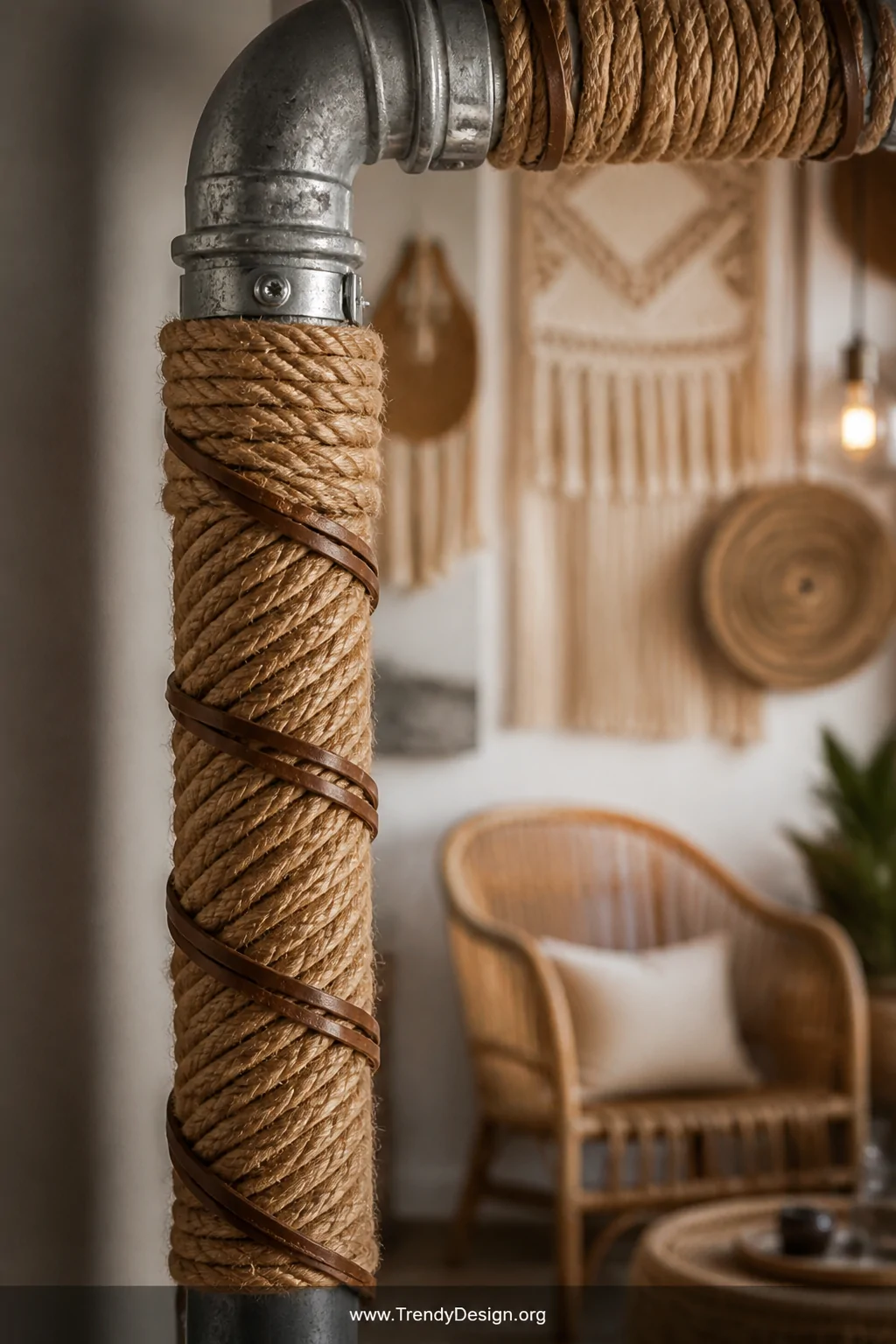 Close-up detail shot of exposed metal conduit wrapped in thick natural manila rope and thin leather strips, showing the rich 