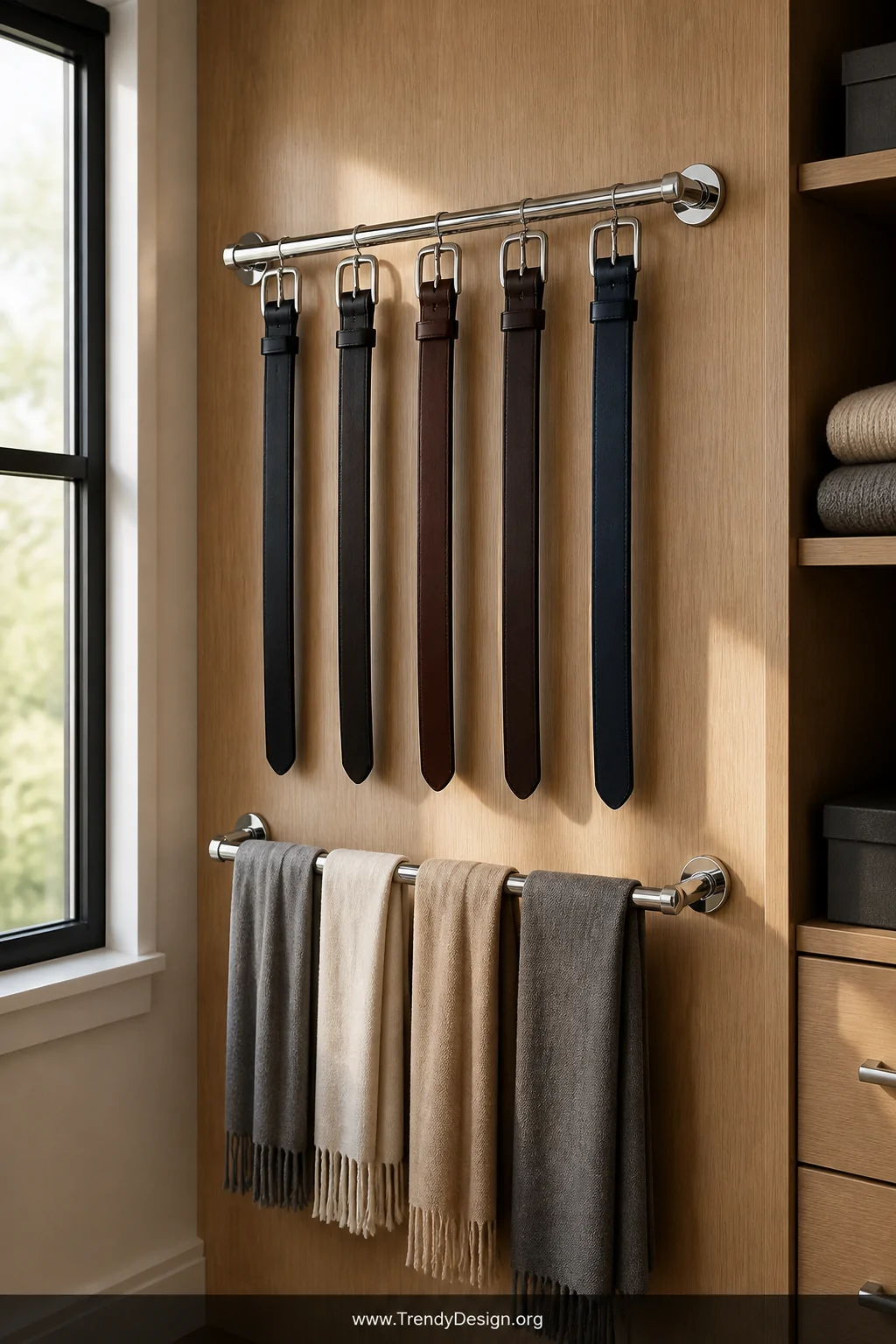 A medium shot of a polished chrome towel bar installed on the interior side wall of a light oak closet, six wide leather belt