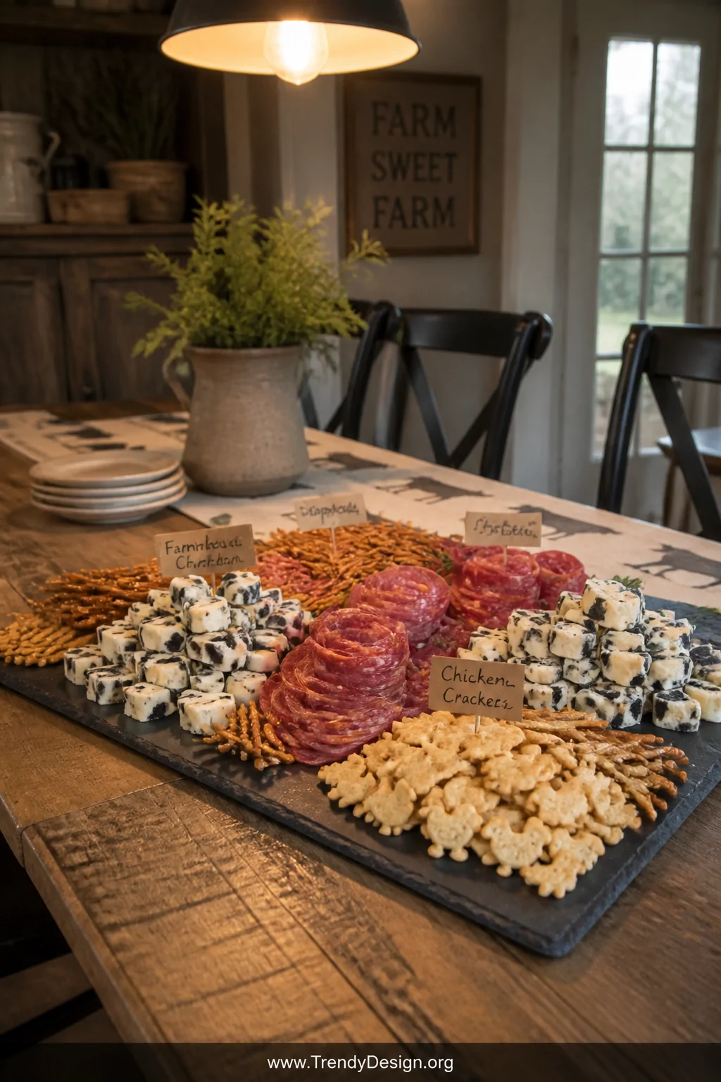 A medium shot of a large rectangular slate platter on a farmhouse dining table holding an artfully arranged charcuterie board
