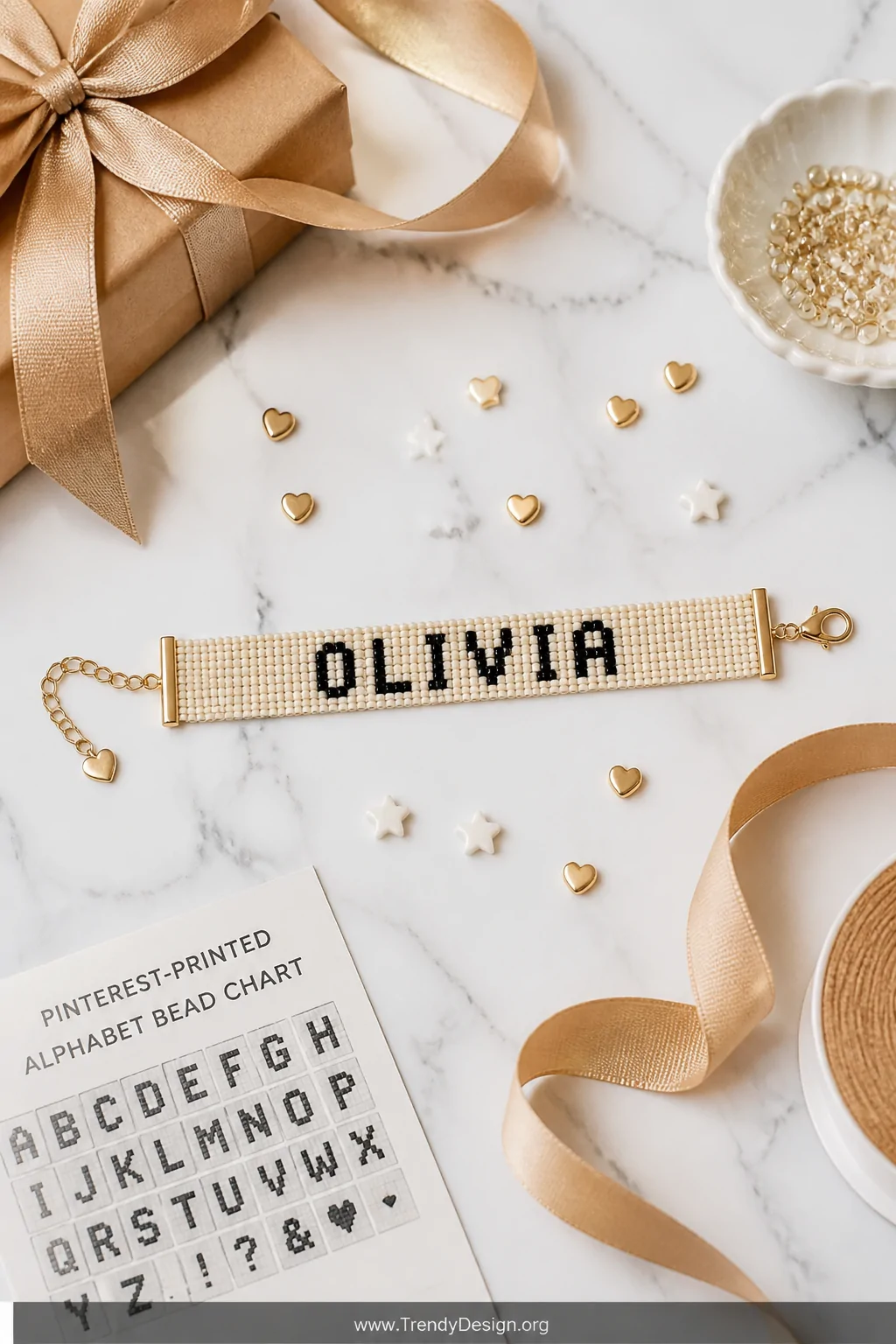 A medium shot of a styled gift-wrapping flat-lay on a white marble surface, a personalized seed bead loom bracelet spelling a
