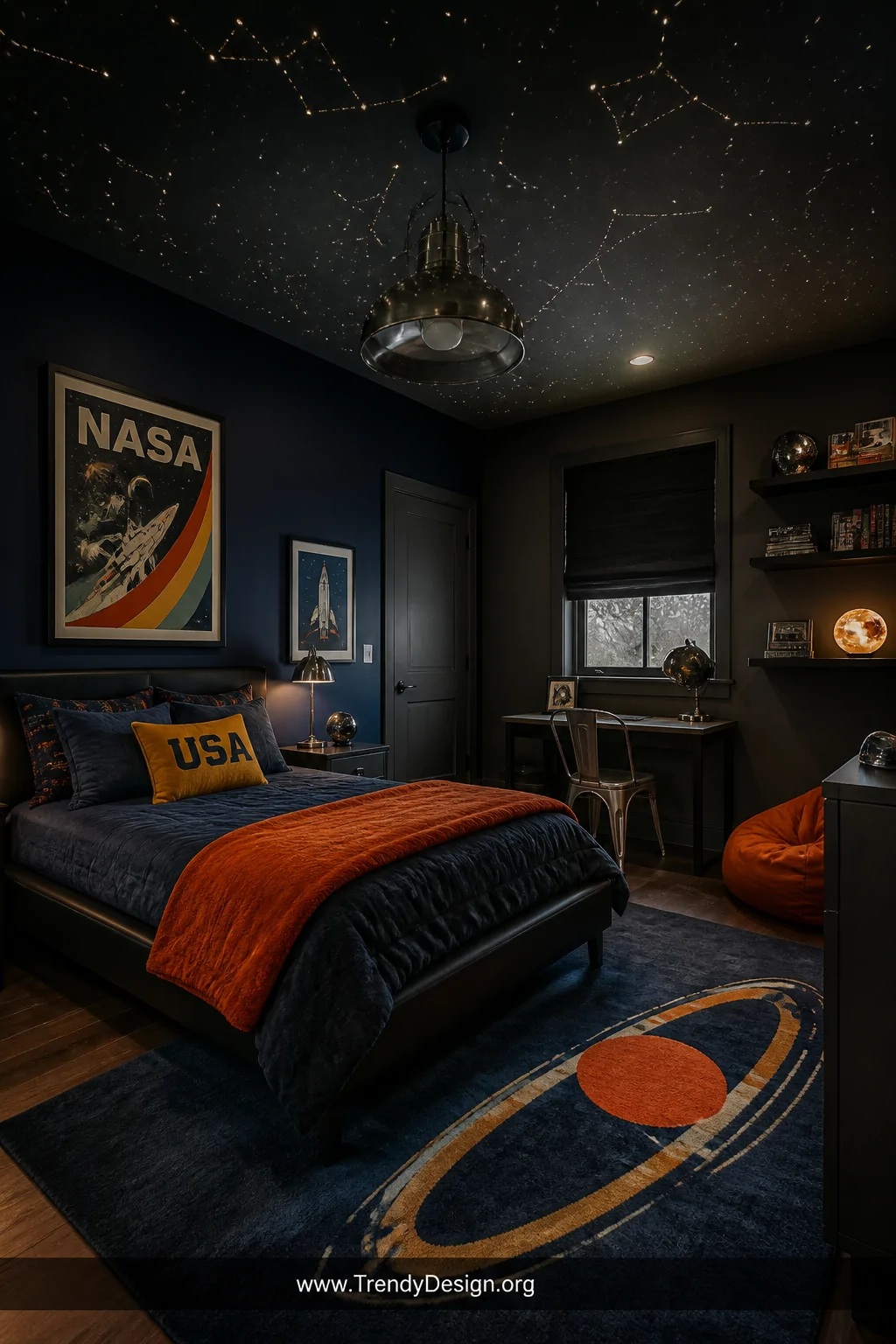 Wide-angle photorealistic interior shot of a boys bedroom with a deep navy blue accent wall and warm charcoal side walls pain